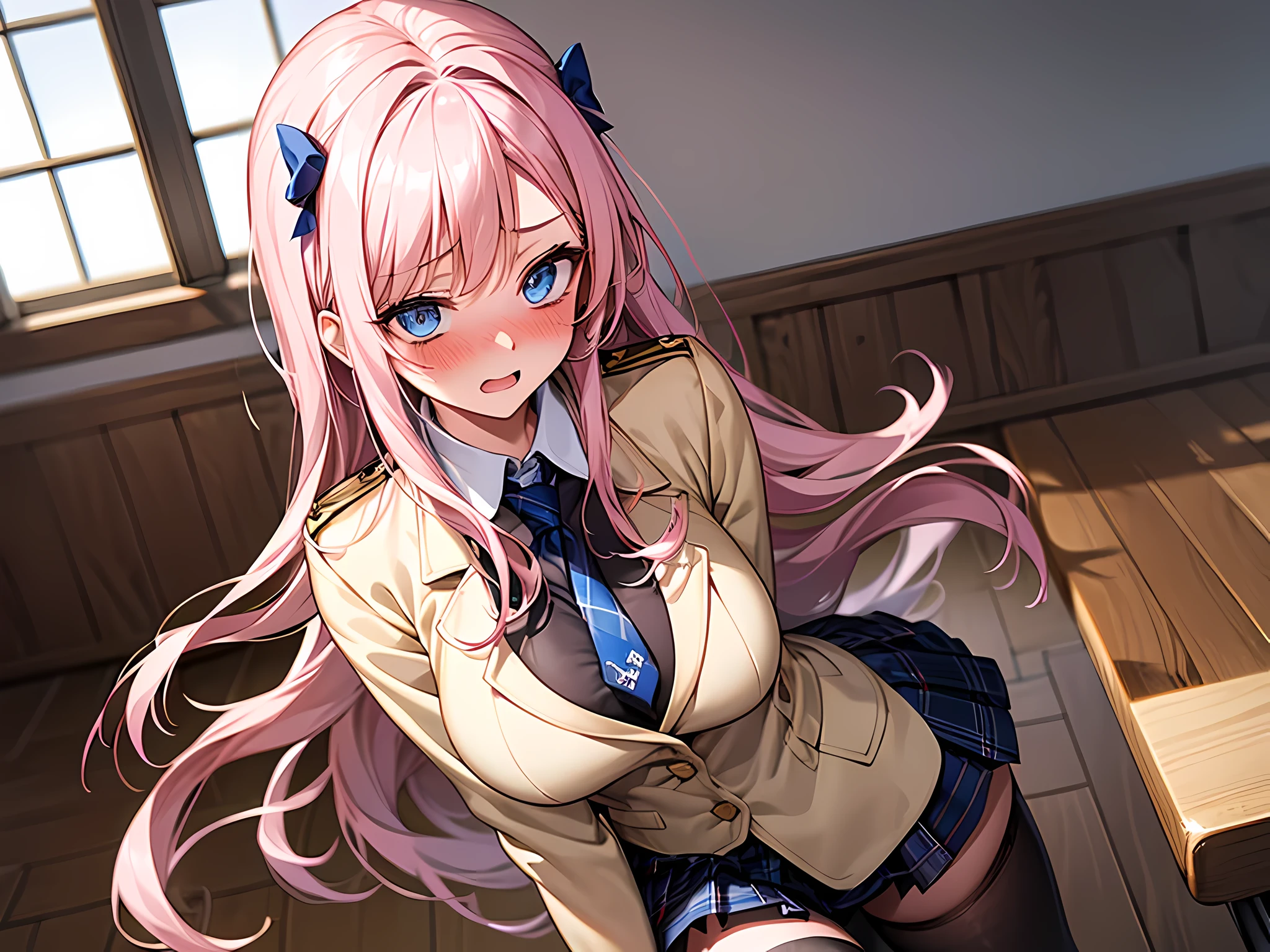 1girl, ((Blue Eyes)), Seductive face, ((Sana Minatozaki)), wide hips, Big , big ass, (Best Quality, 8k, Masterpiece: 1.3)) ) , Clear Focus: 1.2, Perfect Body Beauty : 1.4, Slender Abs: 1.2, Wet Body: 1.5, Highly detailed face and skin texture, cleavage, double eyelids, long_pink_hair, long legs, Blazer uniform_brown, school shirt, plaid_skirt, tie_black, thigh-high_cover_stockings, crouched_in the classroom, yellow eyes, eyes finely detailed, extremely detailed eyes, cleavage, big breast, open mouth, (blushing:1.5), (half-body:0.6), half-body illustration