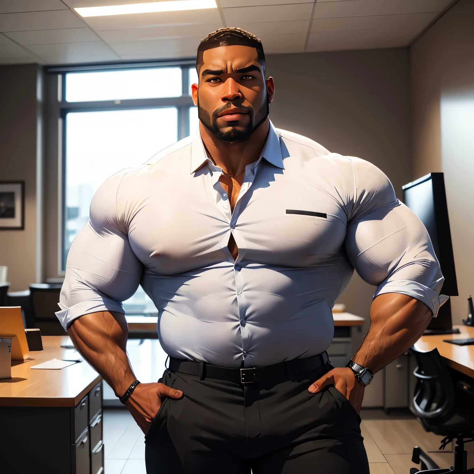 an exaggeratedly muscular and large bodyguard, beefy build, beard, dark-skinned african american male, buzzcut hair with square line, (surprised expression: 1.2), (wearing collared business shirt: 1.2), small name tag on shirt, (bara pecs: 1.3), thick legs, (tight business pants: 1.1), (bulge in pants: 1.2), (arm and chest hair: 1.1), full body portrait HD, (cowboy angle), (fancy office interior with large windows)