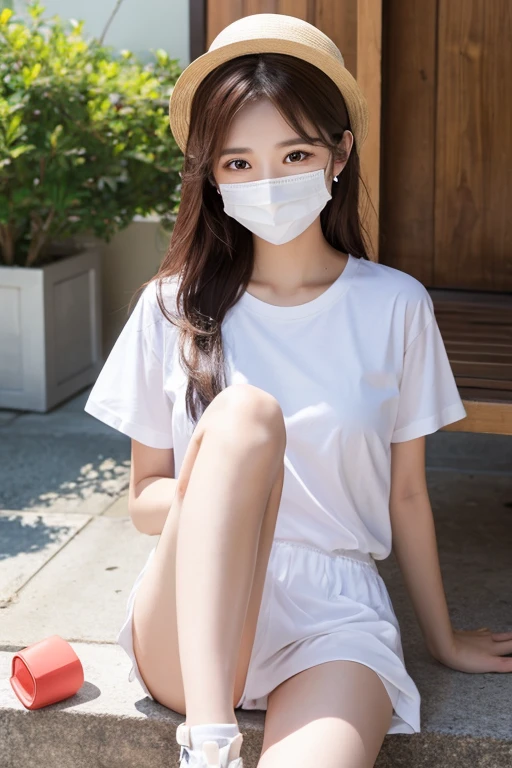 summer、white mask、woman、Shot from the knee up、It's hot、hot、T-Shirts