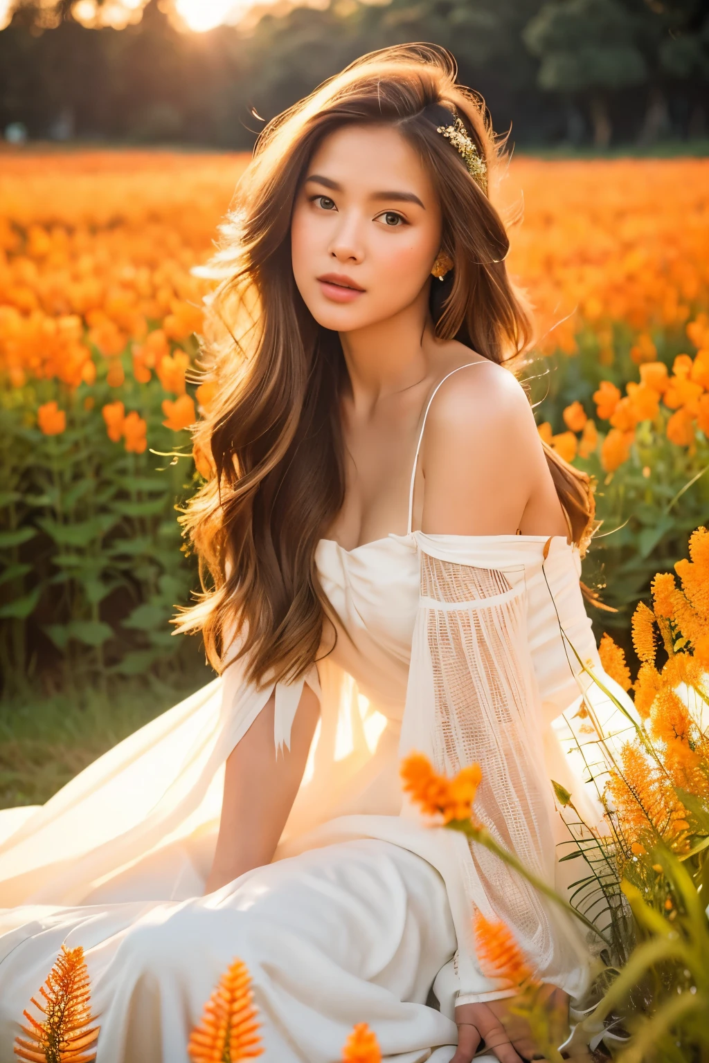 A unique wreath of gerberas and tea roses, gypsophila, spiral ribbons, butterflies, beads are woven, a dark-haired beautiful model girl has a photo shoot on the background of a field