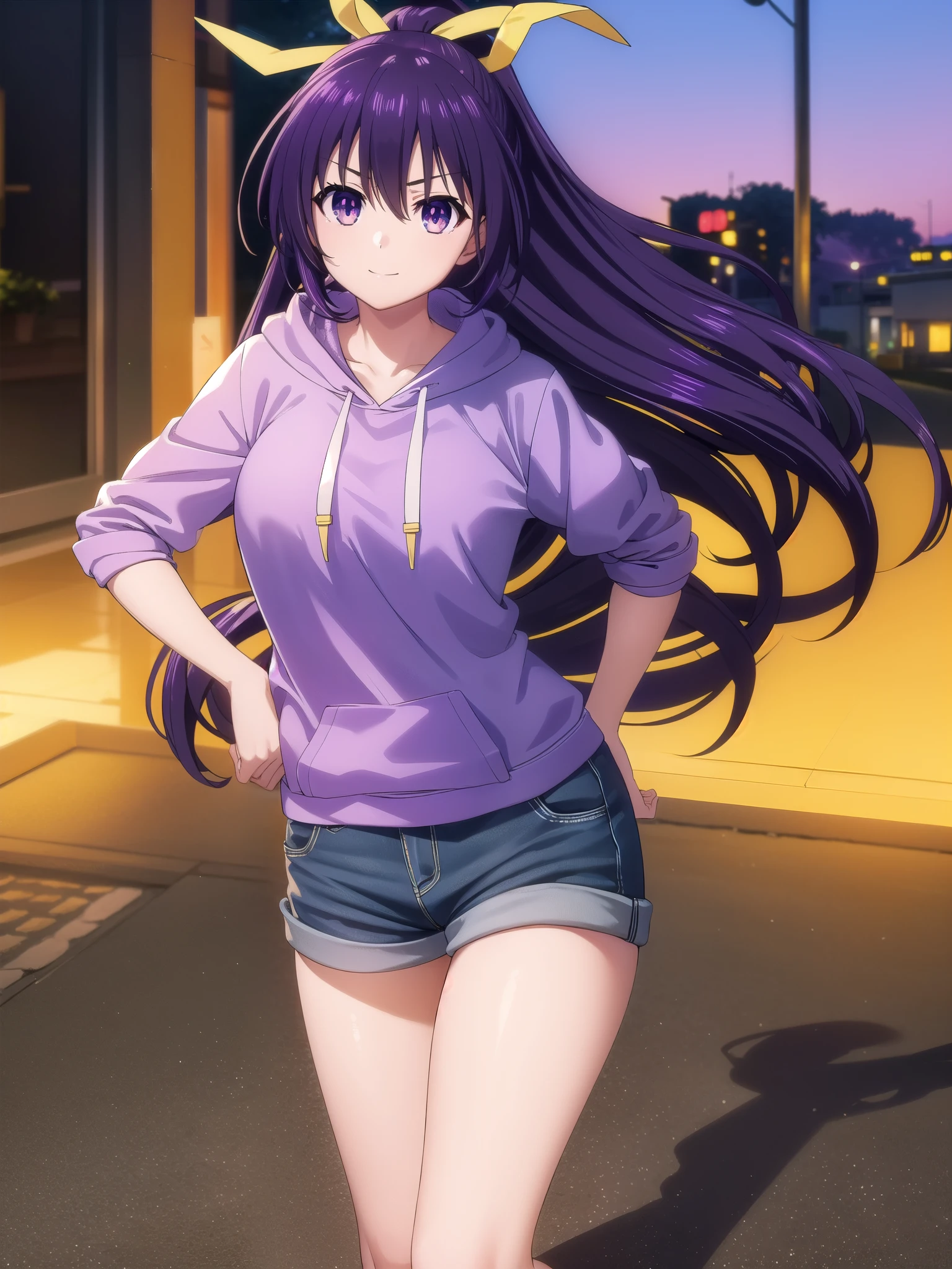 tohkayatogami, tohka yatogami casual, long hair, purple hair, alluringly smile , yellow hoodie, big sizes hoodie, denim, (purple eyes:1.1), hair ribbon, ponytail, purple hair, white ribbon, g cup breasts, bewitched thighs, slender waist, plump butt , high boot
BREAK ,
BREAK outdoor, front family mart shore, alone, 
BREAK looking at viewer, standing, bow , hand on hair, 
BREAK (masterpiece:1.2), best quality, high resolution, unity 8k wallpaper, (illustration:0.8), (beautiful detailed eyes:1.6), extremely detailed face, perfect lighting, extremely detailed CG, (perfect hands, perfect anatomy),