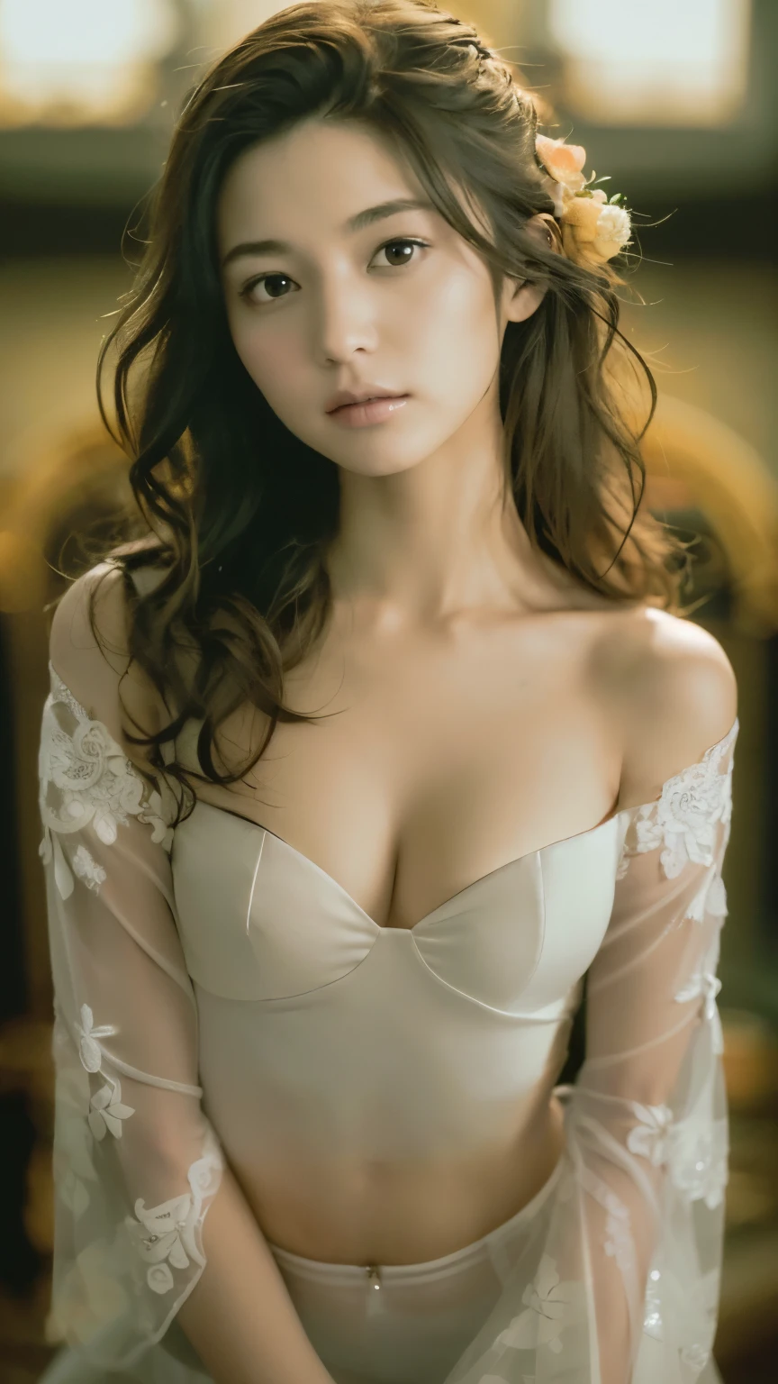 (Realistic), (Super high realism), (Ultra-high resolution), (Ultra high definition), (Increase contrast:1.9), (increase saturation:1.9), (One girl), Beautiful Face, Cute face, Face thinning, Japanese young girl, Semi-long curly hair, (Light brown hair), ((Slimming down)), ((Waist Slimming)), ((Small Ass:1.5)), ((Slimming down Legs:1.5)), (Small breasts:1.3), (Cleavage:0.8), (Perfectly shaped nipples), (Small and beautiful nipples), ((Wedding dress)), (Off the shoulder), (((Models pose at Elizabeth Palace))), Cinema Lighting,