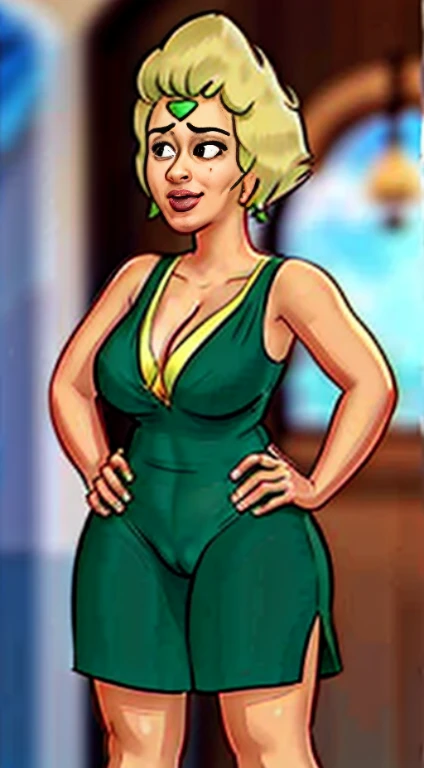 1 garota, obra-prima da melhor qualidade, absurdo, , cabelo verde, pele verde, forehead jewelry, cabelo curto, umbigo, olhos verdes, peridoto(Dela), belo estilo de arte, bunda enorme