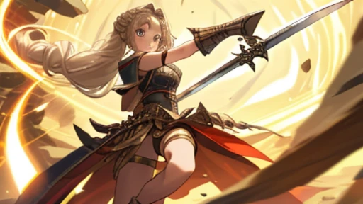 (((8k,Best Quality)), Masterpiece, outdoor, girl, holding sword, dynamic pose, gauntlet, trail effect, feet out of frame, looking at viewer, thong, variety of hairstyles,