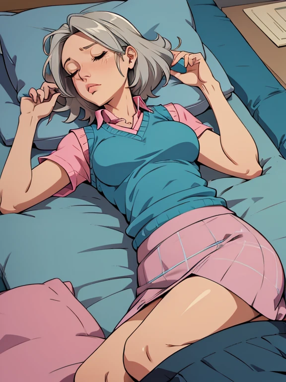 Female 45 years old,grey hair, blue shirt teal skirt, pink sweater vest, laying down, drunk, sleep
