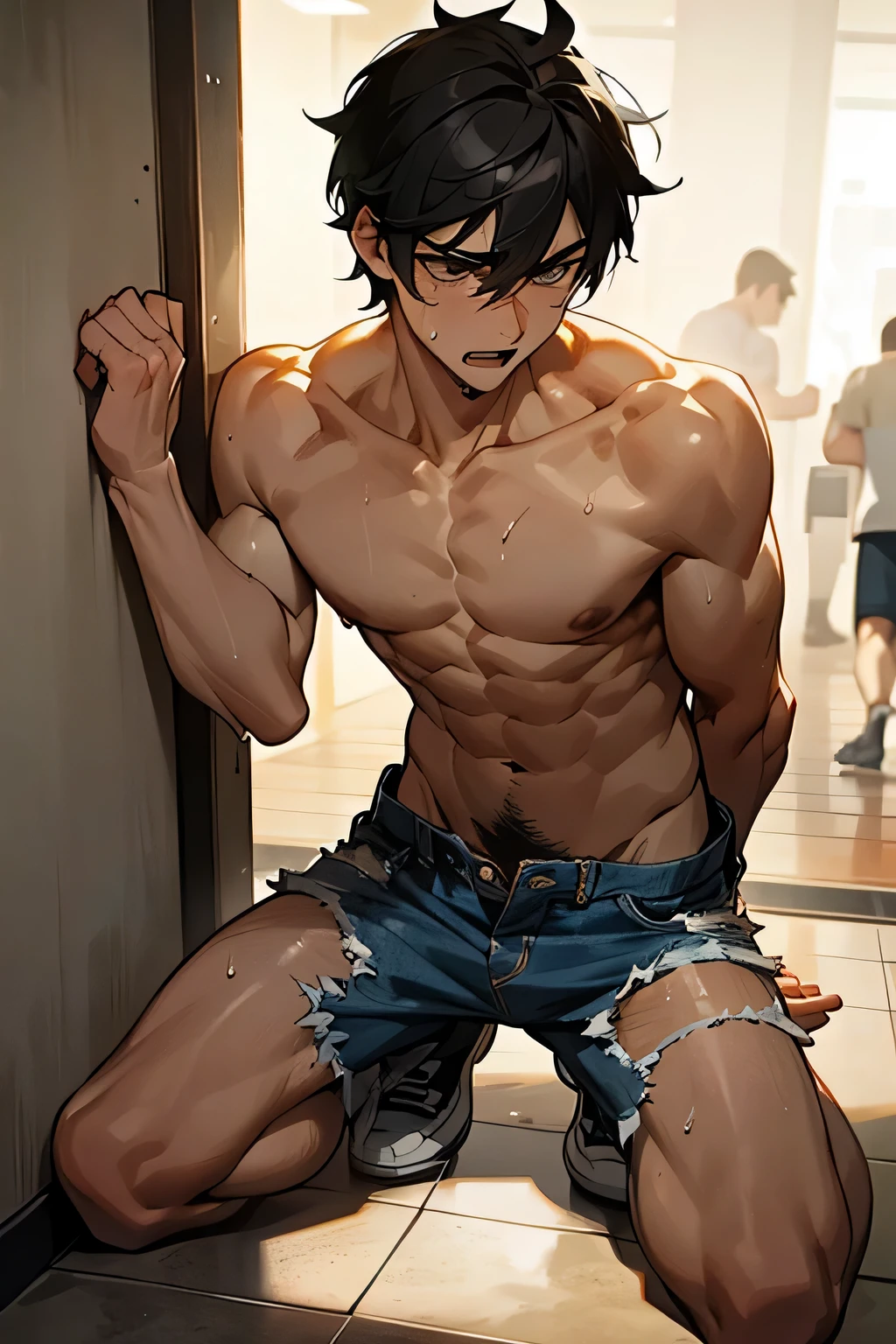 shirtless handsome manly short black hair caucasian male in tattered short jeans and sneakers, shirtless, sweating profusely, drenched with sweat, exhausted, panting, kneeling on the floor, against the wall, hands above head, inside the mall, inside the mall is crowded with people