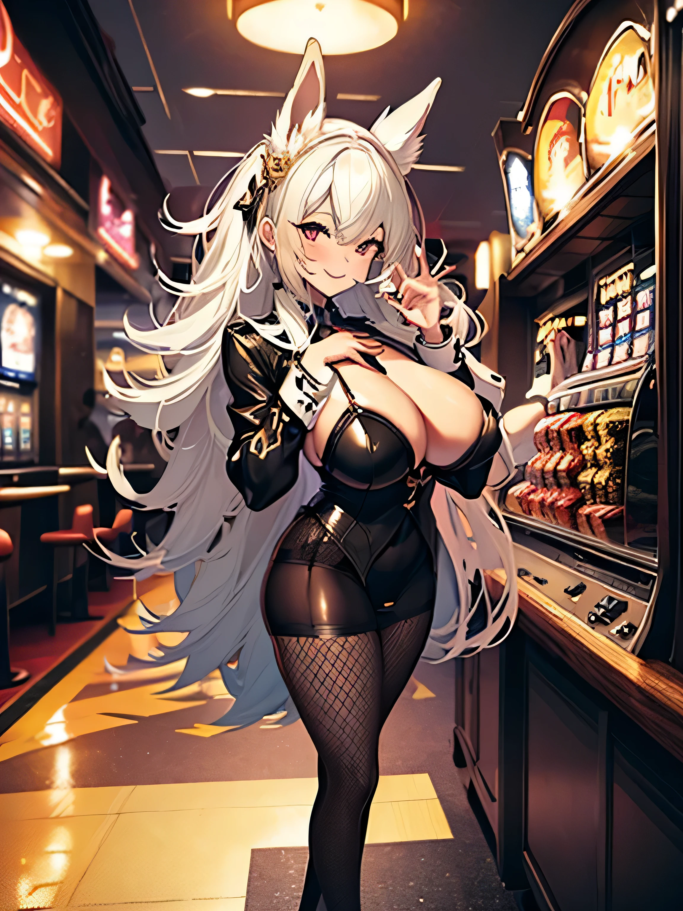 masterpiece,best quality,Beautiful detailed,captive beauty,naughty smile,bunny girl,bunny girl outfit,gold hair,big breast,beauty hip line,pale white skin,curve,full body,beautiful legs,fishnet pantyhose,standing,casino chips in breast crevice,had money,