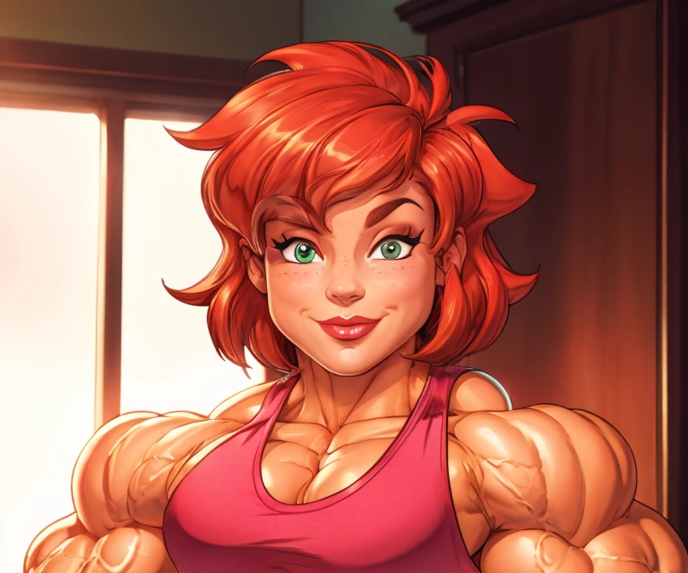 muscle woman with red hair wearing pink tank top, most muscular pose, woman with huge muscles, green eyes, smile