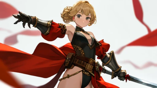 (((8k,Best Quality)), Masterpiece, outdoor, girl, holding sword, dynamic pose, gauntlet,  feet out of frame, looking at viewer, female, variety of hair styles, variety of hair colors, (cropped shoulders), ((highleg leotard)), solo, ((gauntlets)), ((greaves)), loincloth, bare shoulders,  belt pouch, thong, long puffy sleeves, blurry background,