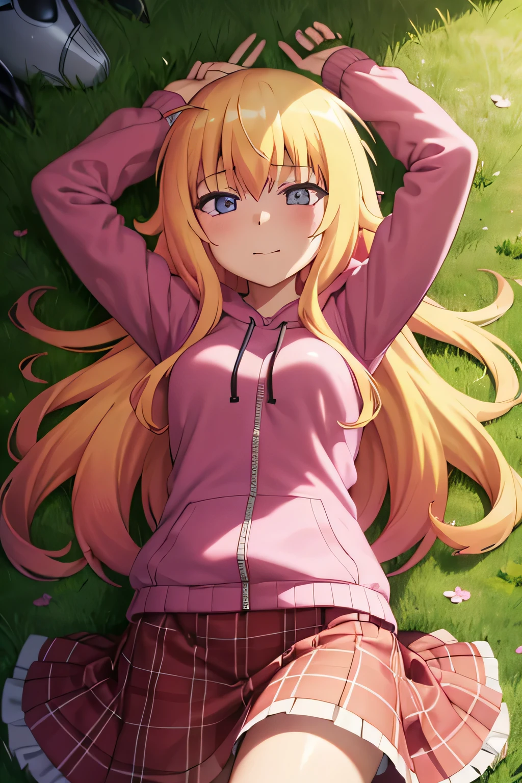 (extremely detailed CG unity 8k wallpaper), (masterpiece), (best quality), (ultra-detailed), (best illustration), (best shadow), (absurdres), 1girl, solo, gabriel white tenma, messy hair, ahoge, , red bow, plaid skirt, pink hoodie, closed mouth, spread arms, arms up, on back, on grass, looking at viewer, solo, center, smile, blushing, expressionless,  (cowboy shot:1.5)