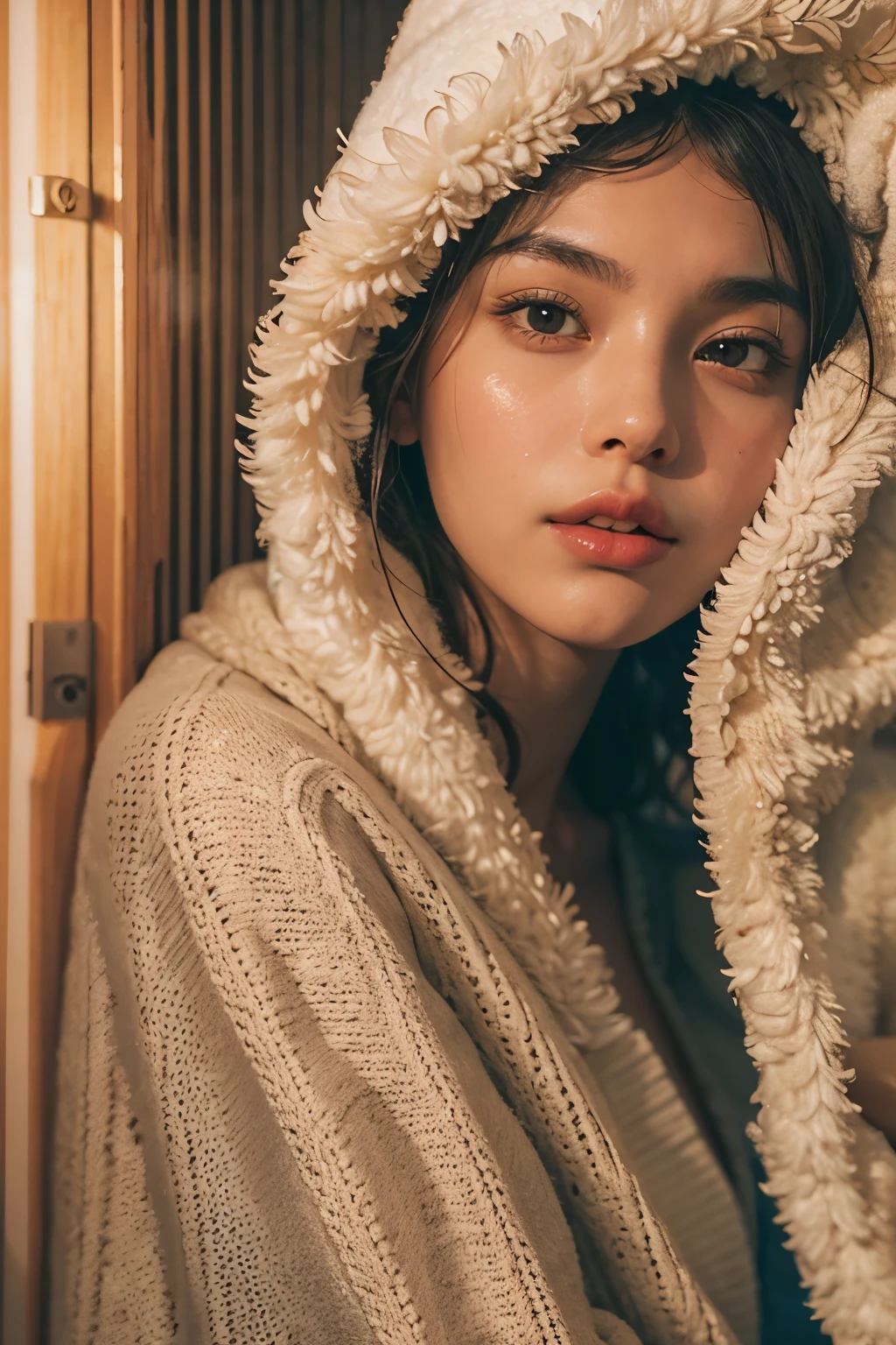 ((best quality)), ((masterpiece)), (detailed), perfect face, Araped woman with a towel on her head, Sitting sweating in the sauna, Madison Beer, without makeup, Profile picture, Use Instagram Filters, Subtle soft and dim light, perfect face, julia sardinian, perfect hands, Random Actions, Full-body view,
