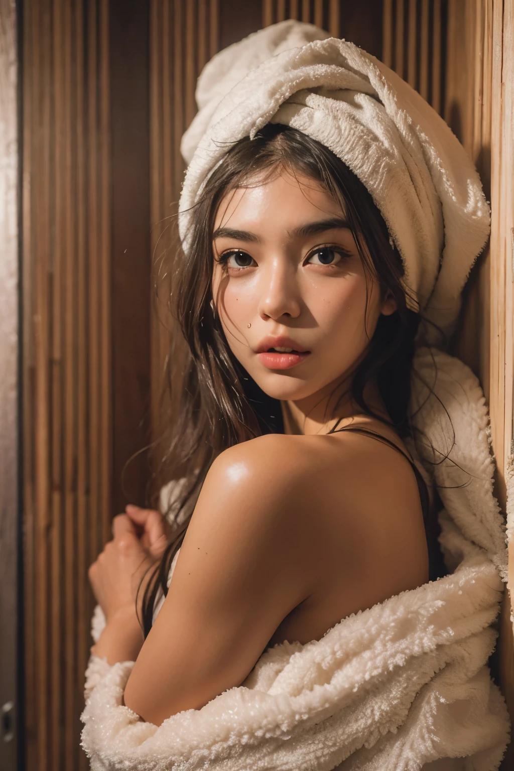 ((best quality)), ((masterpiece)), (detailed), perfect face, Araped woman with a towel on her head, Sitting sweating in the sauna, Madison Beer, without makeup, Profile picture, Use Instagram Filters, Subtle soft and dim light, perfect face, julia sardinian, perfect hands, Random Actions, Full-body view,