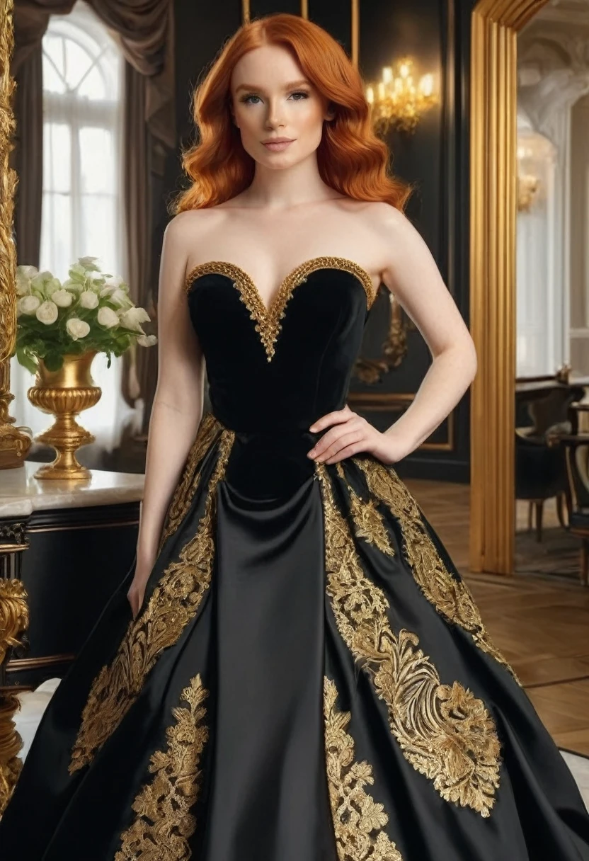 (high quality:1.5), (8k), (Effect of masterpiece), extremely detailed, (High detail:1.2), Solo, Irish redhead female, (in mansion), (black luxury dress strapless with gold details),