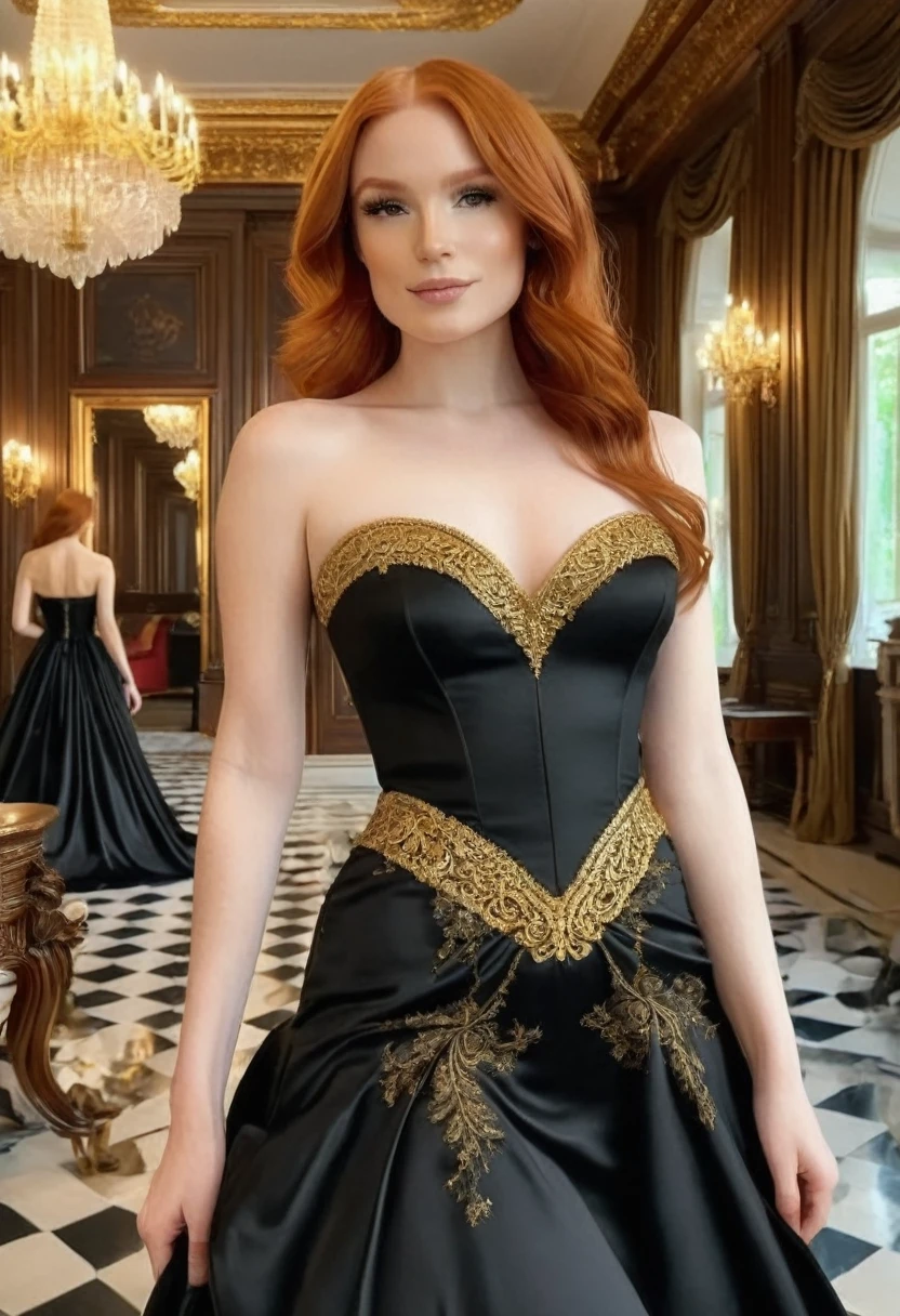 (high quality:1.5), (8k), (Effect of masterpiece), extremely detailed, (High detail:1.2), Solo, Irish redhead female, (in mansion), (black luxury dress strapless with gold details),