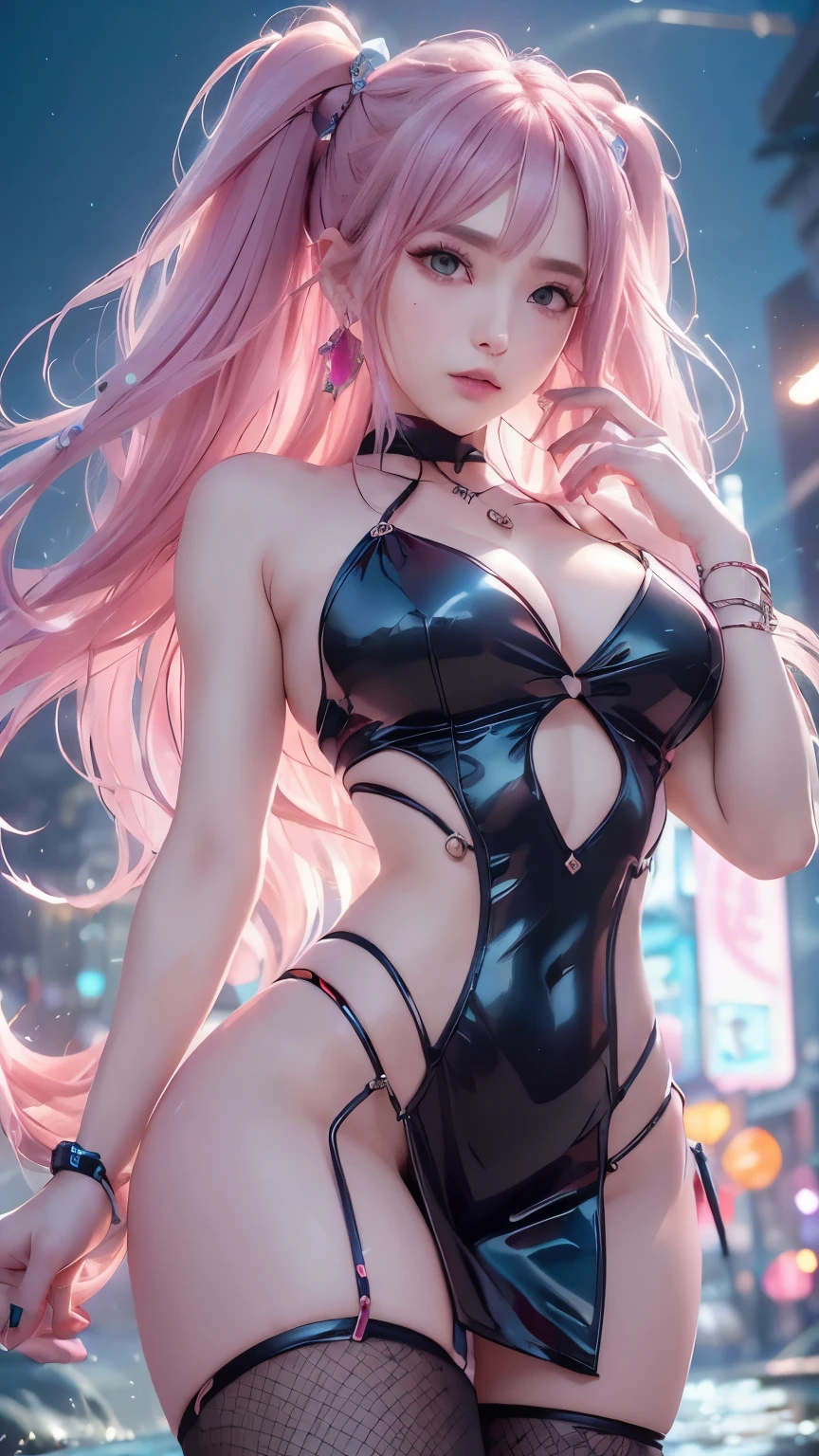 (logo、masterpiece、8k、Tabletop、RAW Photos、wonderful、最high quality、フォトリアルでVery detailedなCG統合8k壁紙、high quality、Very detailed、Narrative poem、Particle Effects、Dynamic Effects、Depth of text、Cinematic Light、Lens flare、Ray Tracing）、Fantasy、（One girl, arms, 長いhair, dress, water, alone, jewelry, red dress, Earrings, hair飾り, waterしぶき, Ultra-realistic upper body, Hair Bun, pinkのhair, Realistic city background, Lighting,Frank、pink|green] hair,Very detailedな,Fractal Art,colorful,Best details,Mechanical modifications,Otome,A complex mechanical conduit is inserted into his back.,catheter,Neon Background,neon city,night,big breasts,Gothic_ta,High heels,compensate,blush,cyber punk,Sofia Boutella, Brunette, Sunburn, huge , Rich colors、Ultra-realistic and realistic texture