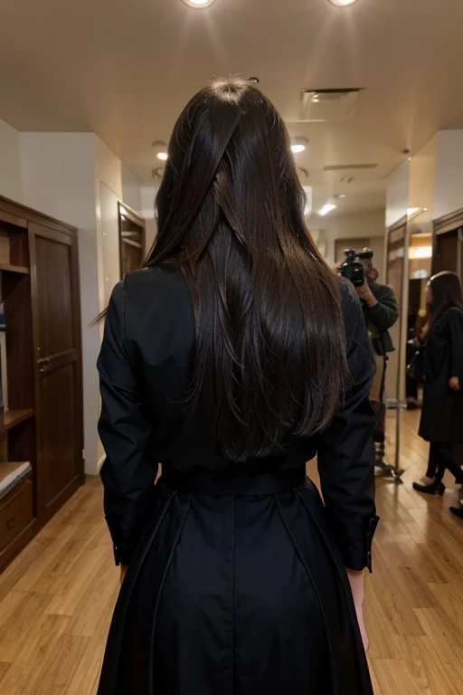 a girl with long, beautiful hair, de costas para a camera, com roupa vestida formal, olhando uma estante de livros, cor da pele parda, On the back, On the back, hair, wavy, long and bluish black, em um tribunal do juri, jury court