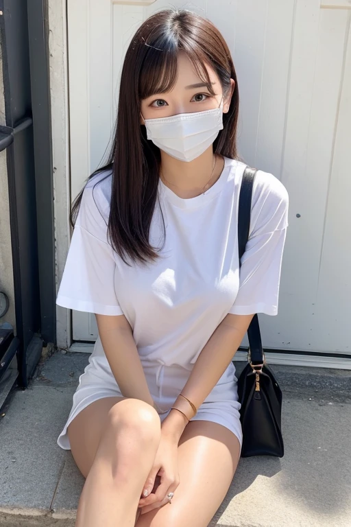summer、white mask、woman、Shot from the knee up、It's hot、hot、T-Shirts、Tuck up your clothes