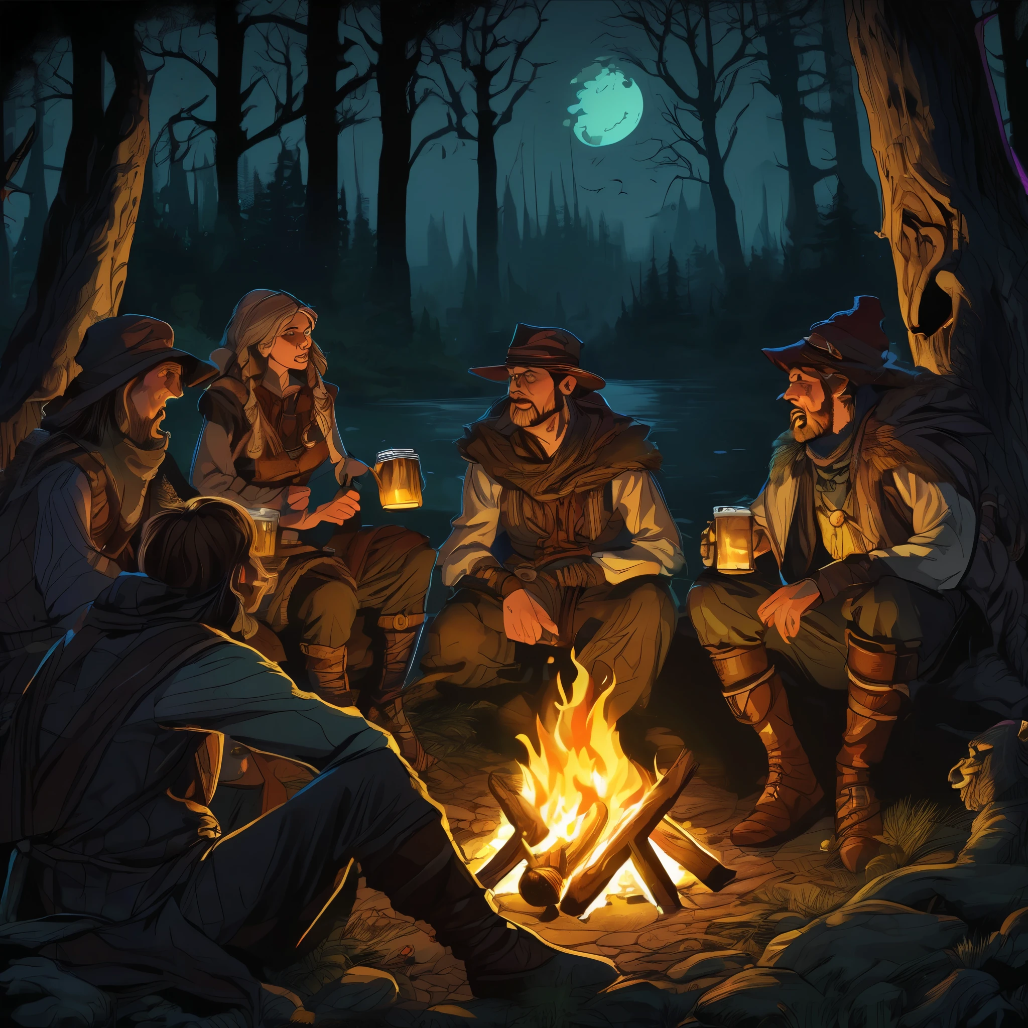 A group of fantasy adventurers sit close to a camp fire, drinking mead and telling tall tales, in a haunted woods, gleaming eyes watch them hungrily from the darkness