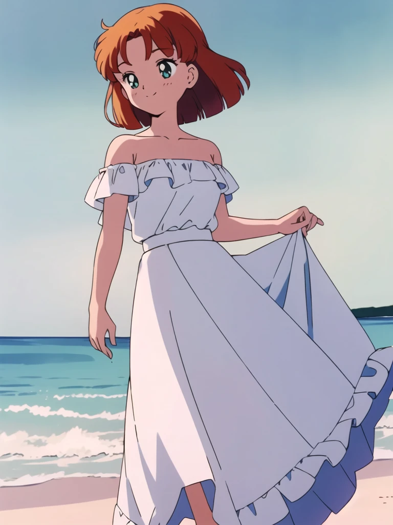 (retro anime girl:1.2), (white dress:1.1), (masterpiece:1.2), (best quality), (ultra detailed), (8k,4k), (half body:1.2), (cowboy:1.2), (close up:1.2), (highly detailed:1.2), (Ruffle Off-the-shoulder top:1.4), (Maxi skirt:1.4), Misty, 1 girl, solo, Best quality, masterpiece, High Definition, ager, Green Eyes, Beautiful Detail Eyes, Orange Hair, Bob Haircut, Good hands at sides, Smile, Blushing, Bare Neck, Bare Arms, Bare Shoulders, short sleeve, Strapless, White Ruffle Off-the-Shoulder Top, White Off-the-shoulder Dress, White maxi dress, walking on the beach with bare feets, Background, blue skies, Close up,