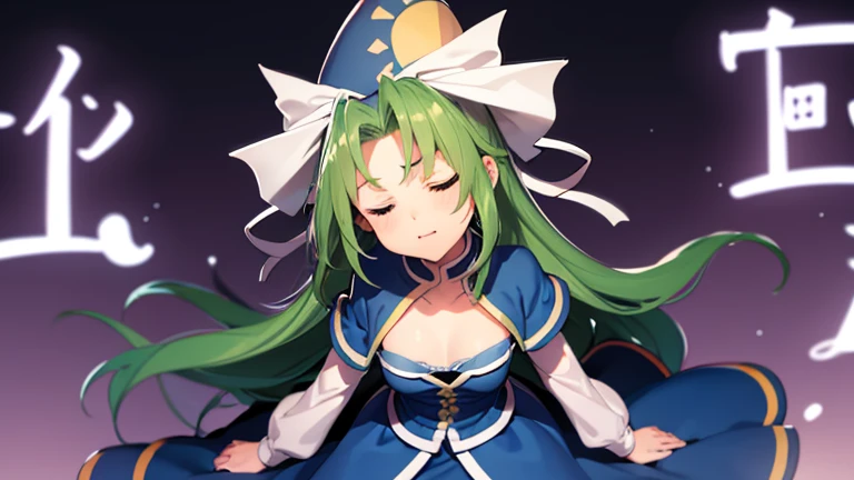 masterpiece, best quality, 1 girl, , , , blue hat with a yellow sun pattern, long green hair, blue cape, blue cloak, blue clothes, white long sleeves, yellow ribbon, from behind, to lift up one’s skirt, cowboy shot, from front, standing , raise one leg, crossed arms, arms up behind, arms behind back, hand between legs, put hands hip, one hand on hip, forward hands, arms raised in the air, punch hands, peace_sign, waving, put up index finger, sit, lie down, closed eyes, lie face down, looking back, put one hand chest, leaning forward,cleavage,close up, horizontally outstretched arms, horizontally outstretched legs, front view, front face