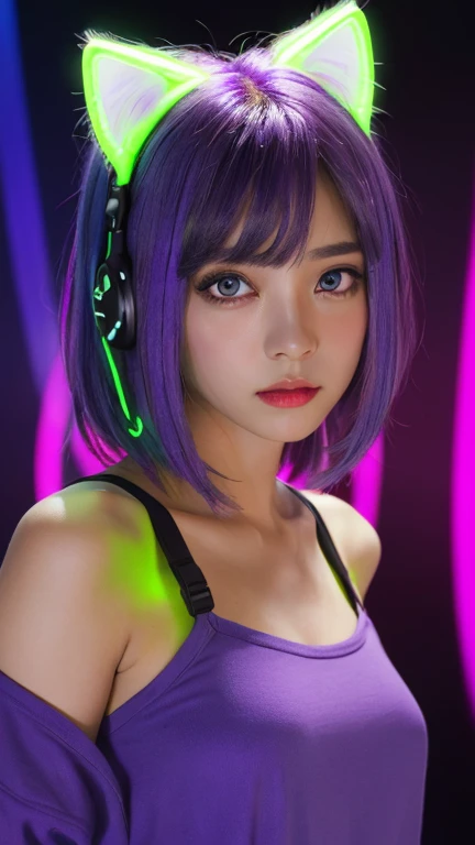 (Neon purple thema:1.2), masterpiece, highest quality, 4K, (Photorealistic), bokeh, enlightenment,(1 perfect portrait of a girl), (A fascinating eye for perfect detail:1.2), colorful hair, (gradient hair), (neon purple soft hair:1.6), (Cat ear:1.2), fantasy background, (exposed bare shoulders), (long-term alienation sleeve), (lean forward a little), head tilt, (movie lighting:1.2), oversized clothes, (seductive pose:1.4), (neon purple  background:1.6), purple beautiful eyes, close up,