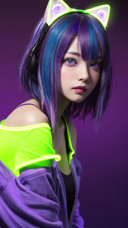 (Neon purple thema:1.2), masterpiece, highest quality, 4K, (Photorealistic), bokeh, enlightenment,(1 perfect portrait of a girl), (A fascinating eye for perfect detail:1.2), colorful hair, (gradient hair), (neon purple soft hair:1.6), (Cat ear:1.2), fantasy background, (exposed bare shoulders), (long-term alienation sleeve), (lean forward a little), head tilt, (movie lighting:1.2), oversized clothes, (seductive pose:1.4), (neon purple background:1.6), purple beautiful eyes, close up,