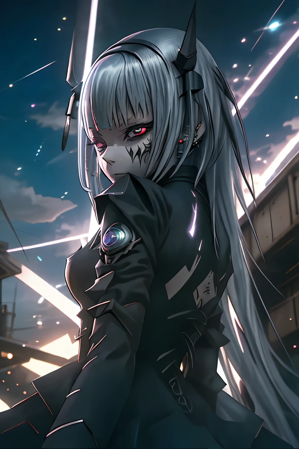 (best quality,highres:1.2), detailed fantasy art, serious expression, robot-like eyes, fighting stance, luminous valentine, tensei shitara slime datta ken, el cabello es plateado, postura de lucha, cuerpo completo, red lens flare, It&#39;s night and there is black lightning in the sky, she is wearing a black gothic dress