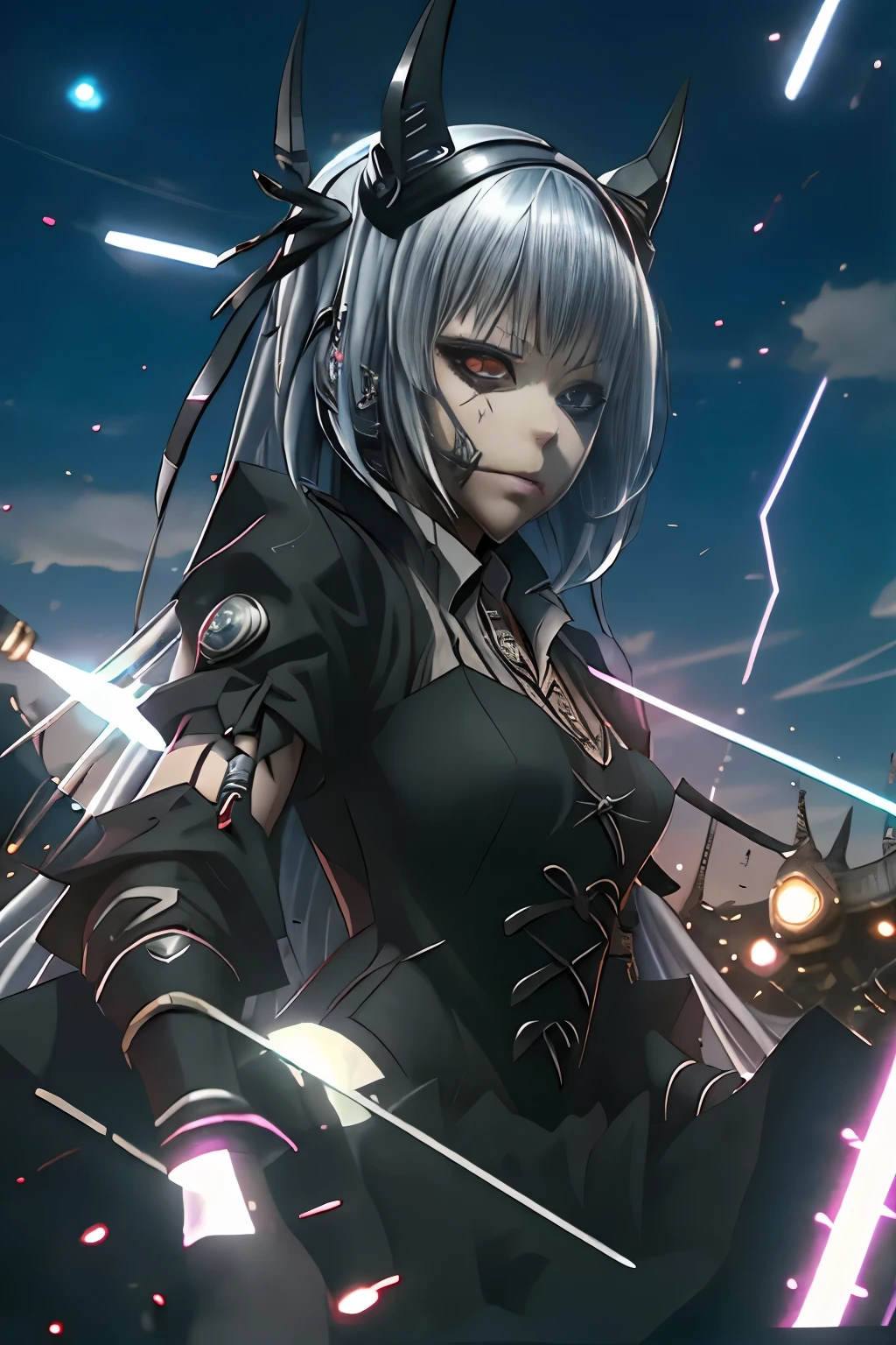 (best quality,highres:1.2), detailed fantasy art, serious expression, robot-like eyes, fighting stance, luminous valentine, tensei shitara slime datta ken, el cabello es plateado, postura de lucha, cuerpo completo, red lens flare, It&#39;s night and there is black lightning in the sky, she is wearing a black gothic dress