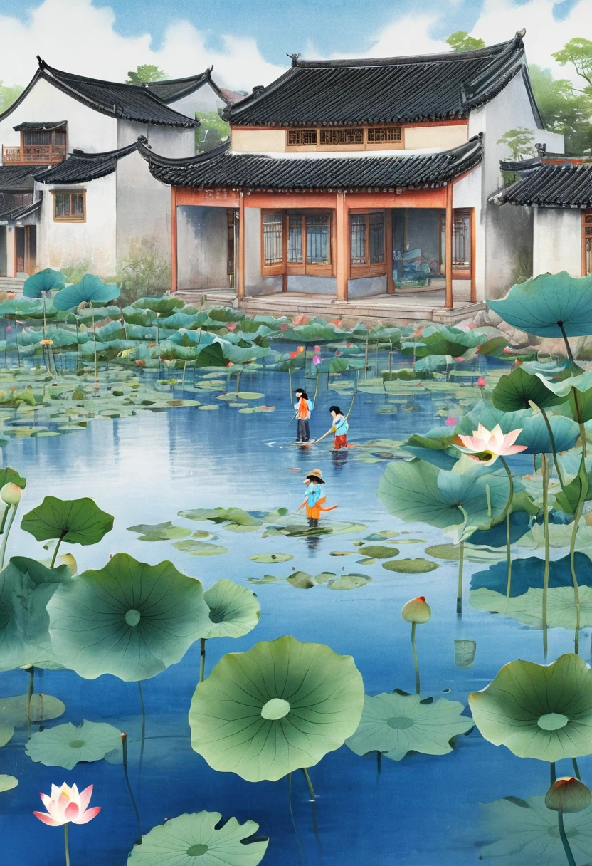 Jiangnan Water Village, Lotus, lotus, lotus root, Good times, Lotus leaves surface, side by side, overlapping, The wind blows, Under dense lotus leaves, The happy fish keep playing, Children's picture book, rich and colorful, Hand drawn colored pencils, Art Station, natural scenery, The ink color is mainly blue, projected inset, social media composition, UHD, masterpiece, ccurate, anatomically correct, super detail, best quality, 8k