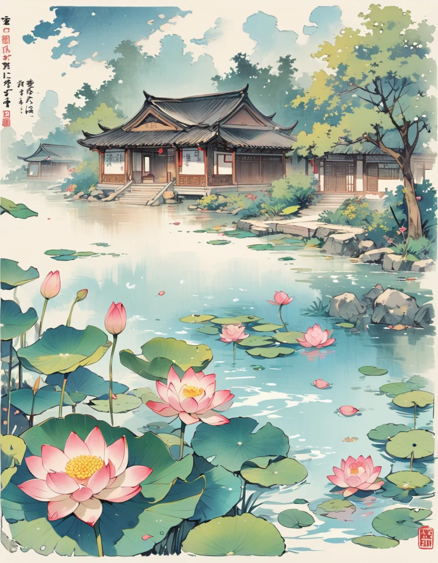 Jiangnan Water Village, Lotus, lotus, lotus root, Good times, Lotus leaves surface, side by side, overlapping, The wind blows, Under dense lotus leaves, The happy fish keep playing, Children's picture book, rich and colorful, Hand drawn colored pencils, Art Station, natural scenery, The ink color is mainly blue, projected inset, social media composition, UHD, masterpiece, ccurate, anatomically correct, super detail, best quality, 8k