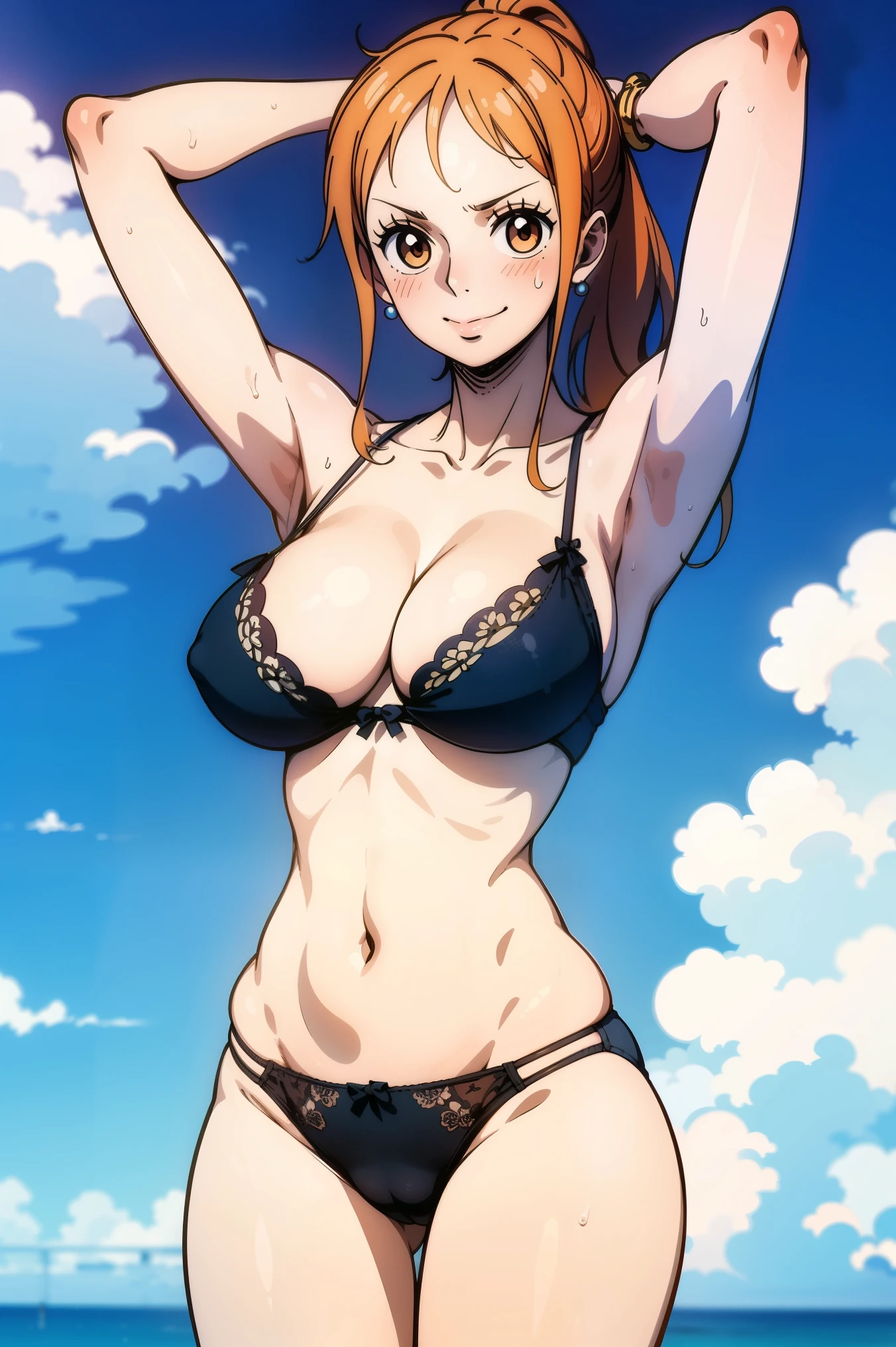 1girl, solo,underwear, navel, breasts, realistic, long hair,, lips, looking at viewer,light brown hair,yellowish hair, side bangs, collarbone, ponytail,brown eyes, cowboy shot, jewelry, standing, laced bra, laced panties, dynamic pose, white skin, pale skin, sweaty armpits, outside, sun, skies, blue skies, seaside, beach sand, cameltoes, 16:9