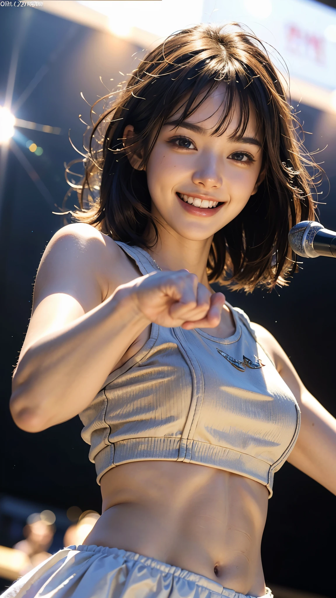 highest quality, masterpiece, Ultra-high resolution, (Realistic:1.4), (Close-up portrait) RAW Photos, 5 girls,20-year-old,((On stage at Nissan Stadium)),((kpop idol live venue)),((Synchronized dancing with other members)),((Lots of sparkling penlight lights)),Messy Hair,((Cap Chestnut)),((Bangs short hair)),Realistic,picture media chest)),((Smiling with teeth showing)),((Big smile))