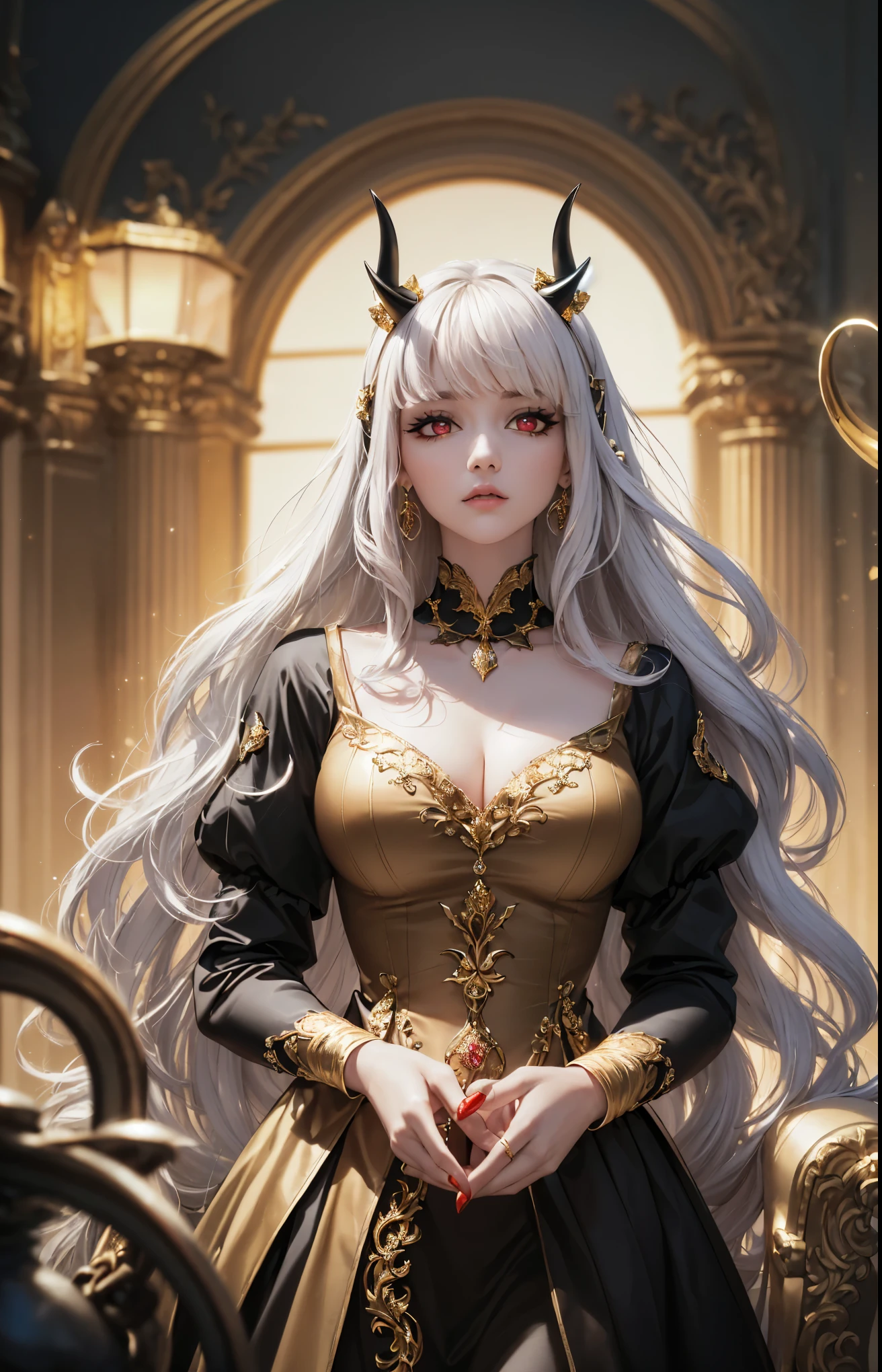 best quality, Artwork, high resolution, (exquisite body: 1.5), beautiful face, (milky skin: 1.3), wallpaper, 4k, official art, splash art, sharp focus, 1 adult woman, alone, perfect body, pale and delicate skin, medium breasts, big eyes, ((Glow eyes)), (((Red eyes))), (((long white hair with bangs))), ((pointed ears)) , closed mouth, (((classic red and gold dress))), conservative dress intricate details, beautiful gloves, matching gloves, gold embroidery, natural pose, standing, (((1 pair of black horns))), perfect horns