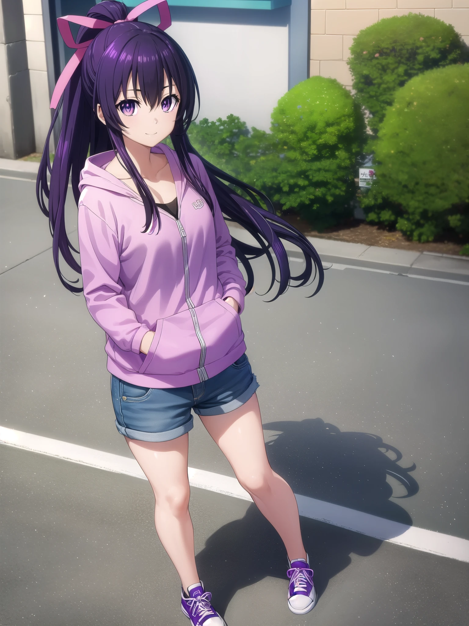 tohkayatogami, tohka yatogami casual, long hair, purple hair, alluringly smile , yellow jacket, open jacket, hoodie, denim, (purple eyes:1.1), hair ribbon, ponytail, purple hair, white ribbon, g cup breasts, bewitched thighs, slender waist, plump butt , sneakers
BREAK ,
BREAK outdoor, front family mart shore, alone,
BREAK looking at viewer, standing, tilt head, hand on hair, full body view, head to toe view
BREAK (masterpiece:1.2), best quality, high resolution, unity 8k wallpaper, (illustration:0.8), (beautiful detailed eyes:1.6), extremely detailed face, perfect lighting, extremely detailed CG, (perfect hands, perfect anatomy),