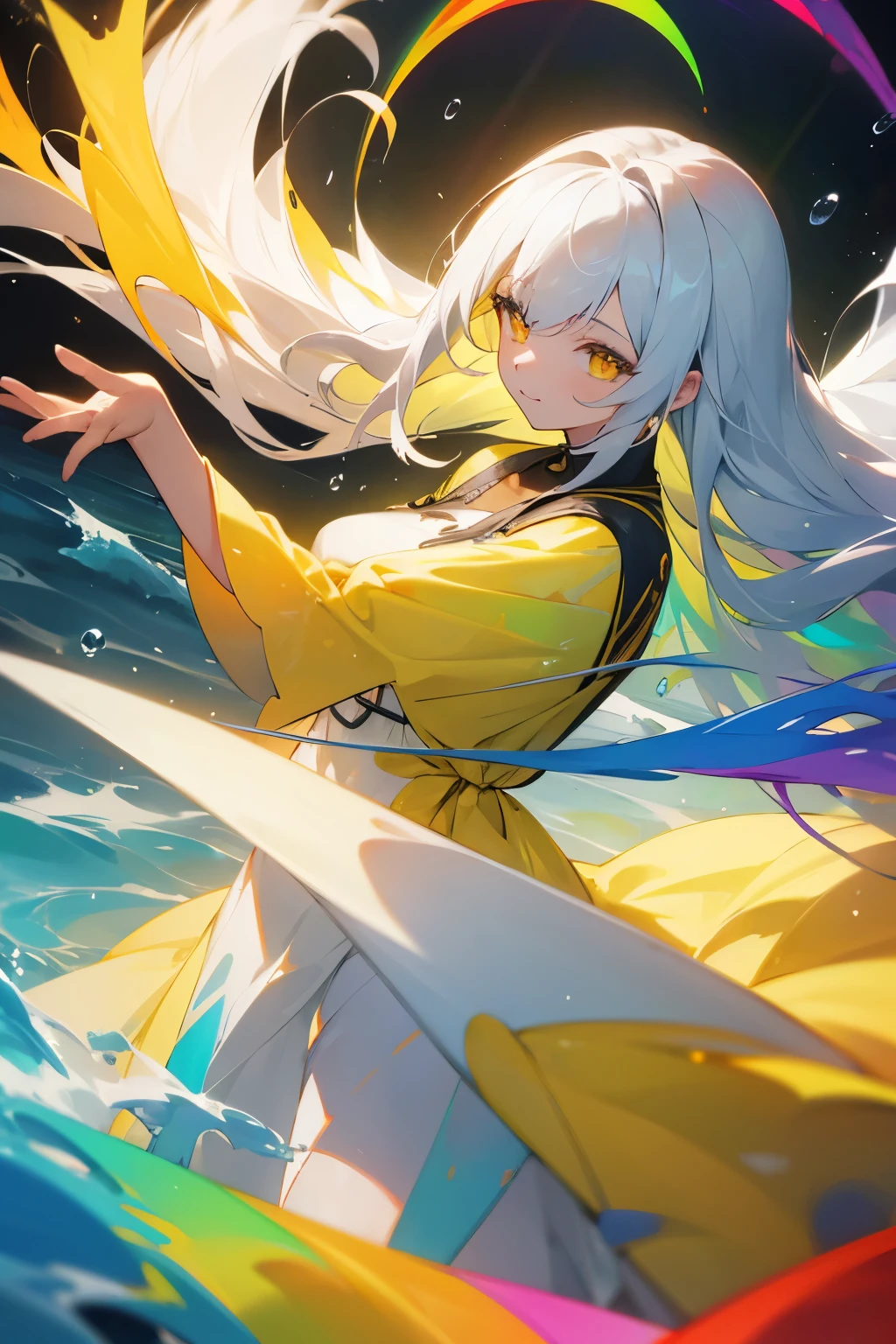 high resolution, Masterpiece, female, long hair, white hair, yellow eyes, rainbow dress, wind, ray trancing, close up, vibrant color, colorful paintes, water
