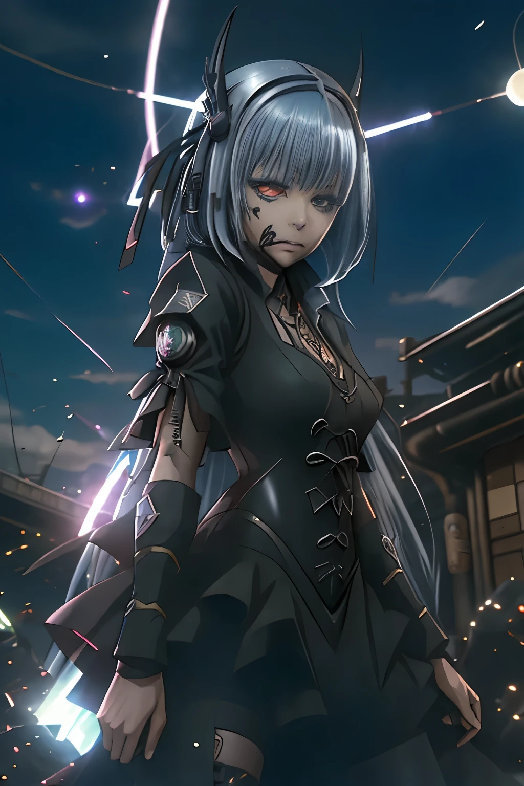 (best quality,highres:1.2), detailed fantasy art, serious expression, robot-like eyes, fighting stance, luminous valentine, tensei shitara slime datta ken, el cabello es plateado, postura de lucha, cuerpo completo, red lens flare, It&#39;s night and there is black lightning in the sky, she is wearing a black gothic dress