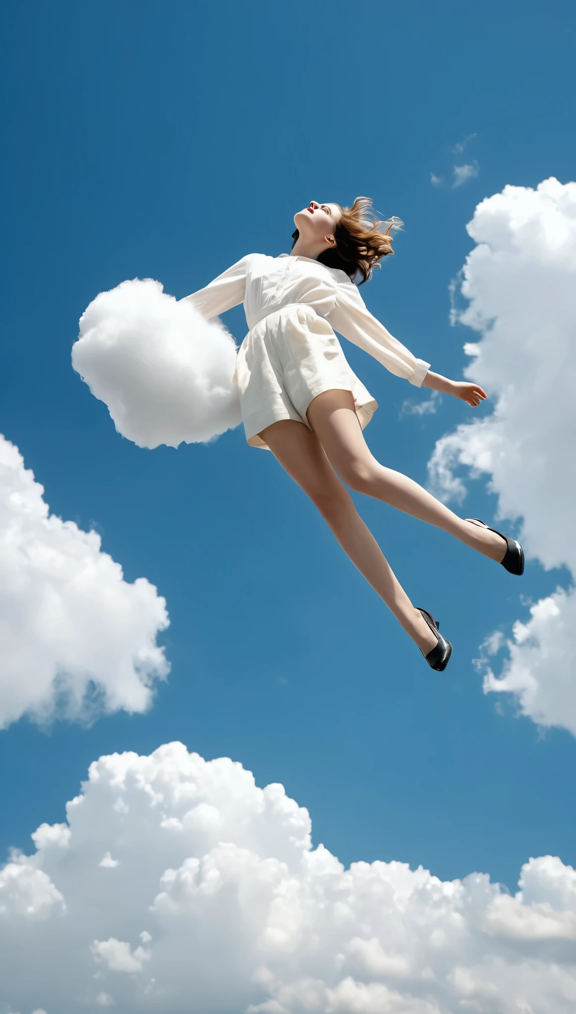 masterpiece, highest quality, Movie stills, One girl, Floating in the sky, cloud girl, cloud, (close:1.1), bright, Happy, fun, Soft lighting, (Bauhaus, shape, OK, Abstract:1.1)