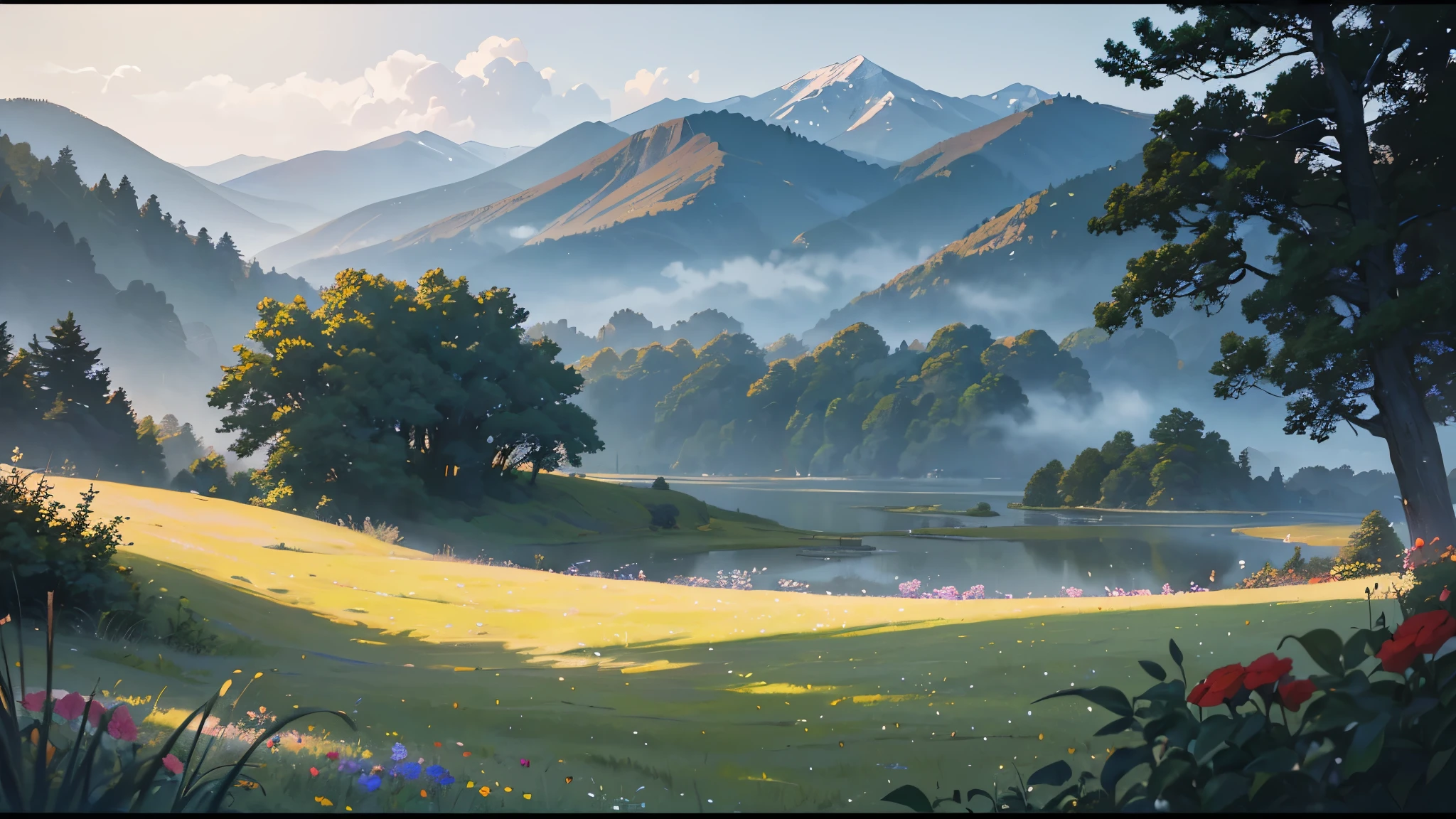 (highest quality、High resolution、masterpiece)、(Anime Art 4k)、(Photorealistic)、((Beautiful landscape photography))、((There is no one))、Cinema Lighting、Ray Tracing、Soft Light、Windermere landscape painted on a foggy morning、Create a magical scene in a misty meadow on a calm morning、Draw delicate and blurry brushwork、place々flowers bloom、(Sargent-style watercolor)、(Edmund Leighton Style)、