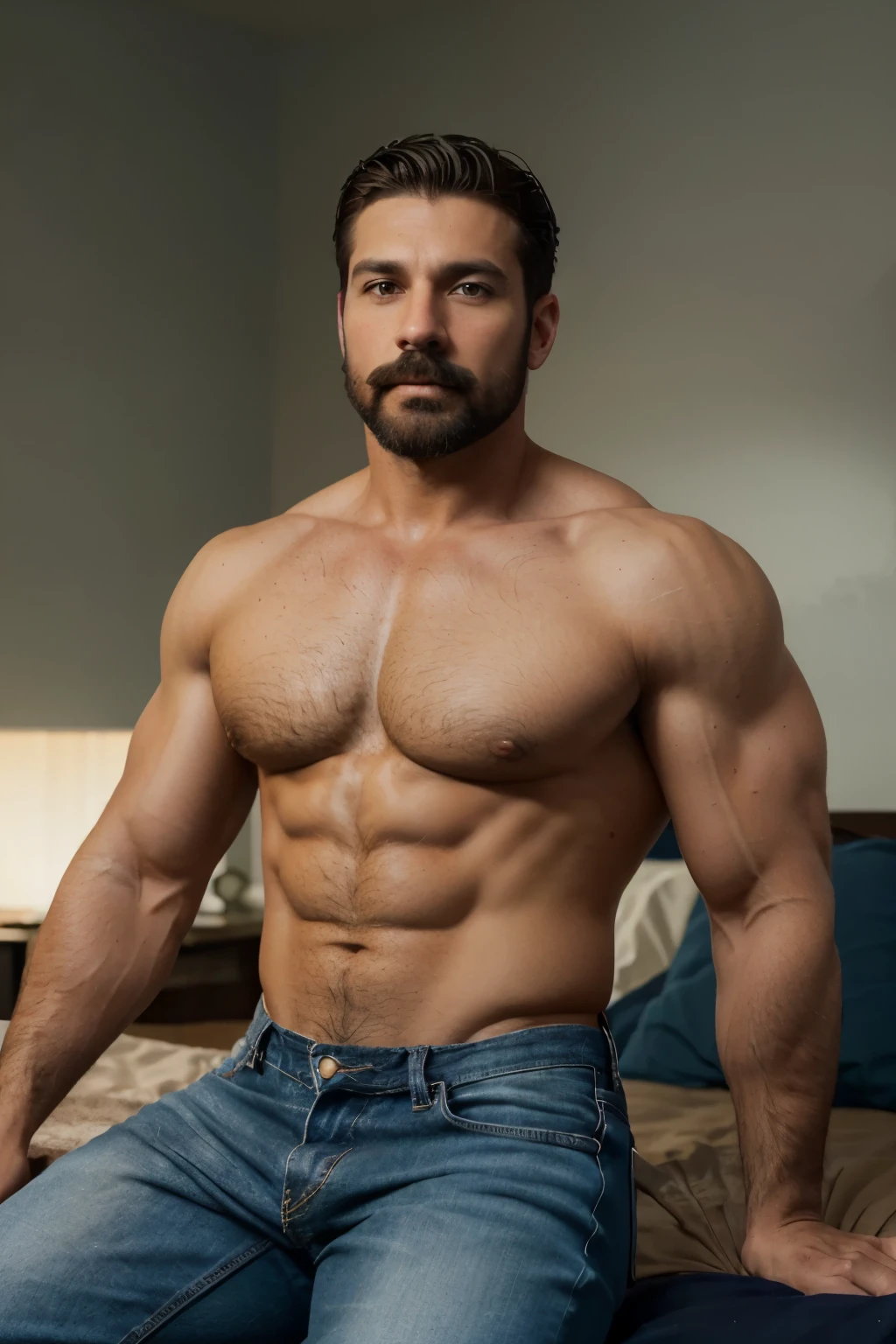 an incredibly handsome and attractive young man with big muscles, con bigote y barba corto, mustache, beard, Big muscular body , 40 years old with short dark blonde hair and light brown eyes., cuerpo completo, muy nalgon, angular jaw, Alto y muscular, vaqueros & Botas. Naked blue Jeans Lay down on bed