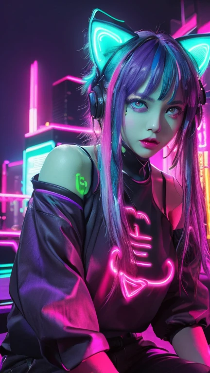 (Neon purple thema:1.2), masterpiece, highest quality, 4K, (Photorealistic), bokeh, enlightenment,(1 perfect portrait of a girl), (A fascinating eye for perfect detail:1.2), colorful hair, (gradient hair), (neon purple soft hair:1.6), (Cat ear:1.2), fantasy background, (exposed bare shoulders), (long-term alienation sleeve), (lean forward a little), head tilt, (movie lighting:1.2), oversized clothes, (seductive pose:1.4), (neon purple  background:1.6), purple beautiful eyes, close up,beautiful lighting, (neon light:1.2), (night:1.5), Cyberpunk Costume、sitting,Cyber Neon、future city、Skyscraper、City night、Shanghai、big city、night scene、Beautiful night scene