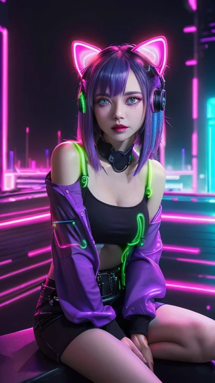 (Neon purple thema:1.2), masterpiece, highest quality, 4K, (Photorealistic), bokeh, enlightenment,(1 perfect portrait of a girl), (A fascinating eye for perfect detail:1.2), colorful hair, (gradient hair), (neon purple soft hair:1.6), (Cat ear:1.2), fantasy background, (exposed bare shoulders), (long-term alienation sleeve), (lean forward a little), head tilt, (movie lighting:1.2), oversized clothes, (seductive pose:1.4), (neon purple  background:1.6), purple beautiful eyes, close up,beautiful lighting, (neon light:1.2), (night:1.5), Cyberpunk Costume、sitting,Cyber Neon、future city、Skyscraper、City night、Shanghai、big city、night scene、Beautiful night scene