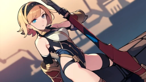(((8k,Best Quality)), Masterpiece, outdoor, girl, holding sword, dynamic pose, gauntlet, feet out of frame, looking at viewer, female, variety of hair styles, variety of hair colors, (cropped shoulders), ((highleg leotard)), solo, ((gauntlets)), ((greaves)), loincloth, bare shoulders, belt pouch, thong, long puffy sleeves, blurry background,
dutch angle, facing away,