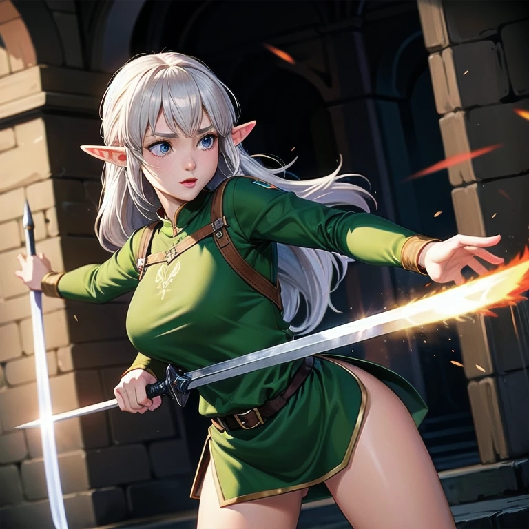 ((artwork, best quality)), ultra detailed, mature elf girl, female elf, wearing archer tunic, wielding a thin bladed sword, inside a dark dungeon