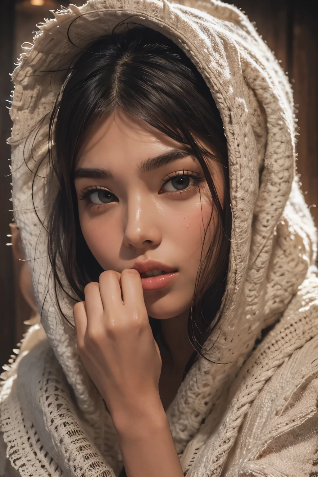 ((best quality)), ((masterpiece)), (detailed), perfect face, Araped woman with a towel on her head, Sitting sweating in the sauna, Madison Beer, without makeup, Profile picture, Use Instagram Filters, Subtle soft and dim light, perfect face, julia sardinian, perfect hands, Random Actions, Full-body view,
