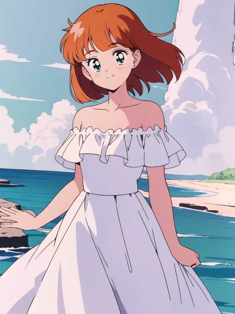 (retro anime girl:1.2), (white dress:1.1), (masterpiece:1.2), (best quality), (ultra detailed), (8k,4k), (half body:1.2), (cowboy:1.2), (close up:1.2), (highly detailed:1.2), (Ruffle Off-the-shoulder top:1.4), (Maxi skirt:1.4), Misty, 1 girl, solo, Best quality, masterpiece, High Definition, Teenager, Green Eyes, Beautiful Detail Eyes, Orange Hair, Bob Haircut, Good hands at sides, Smile, Blushing, Bare Neck, Bare Arms, Bare Shoulders, short sleeve, Strapless, White Ruffle Off-the-Shoulder Top, White Off-the-shoulder Dress, White maxi dress, walking on the beach with bare feets, Background, blue skies, Close up,