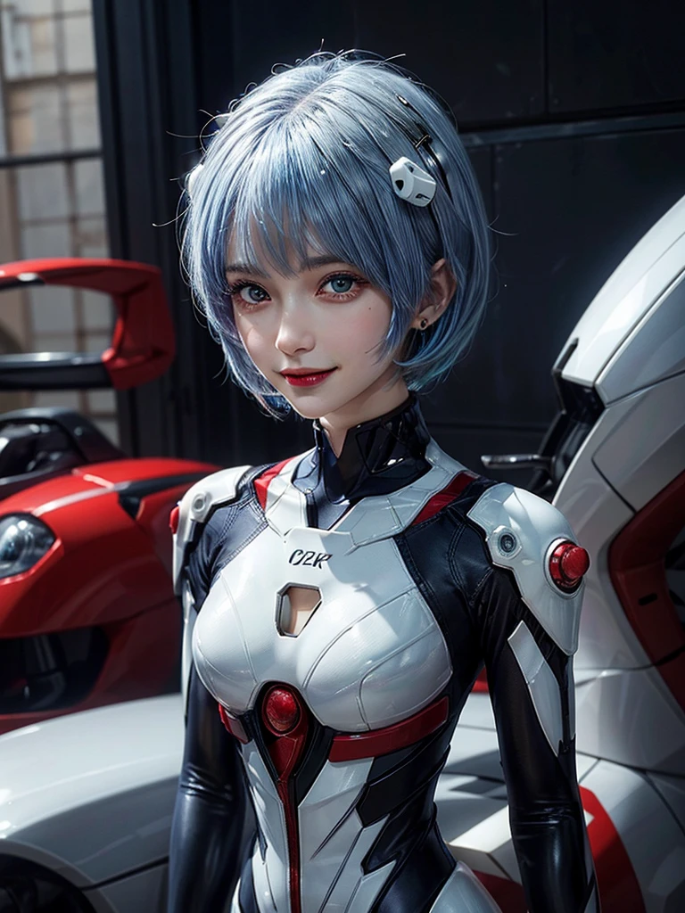 Masterpiece, highest quality, 8K, detailed skin texture, fine cloth texture, beautiful detailed face, intricate details, super detailed, portrait of Rei Ayanami, blue hair, red eyes, looking far away, no background, Evangelion Wearing a plug suit when riding, plug suit, whole body visible, standing, arms crossed, 15 years old, beautiful, cute, great style, smiling,composition that shows the whole body,