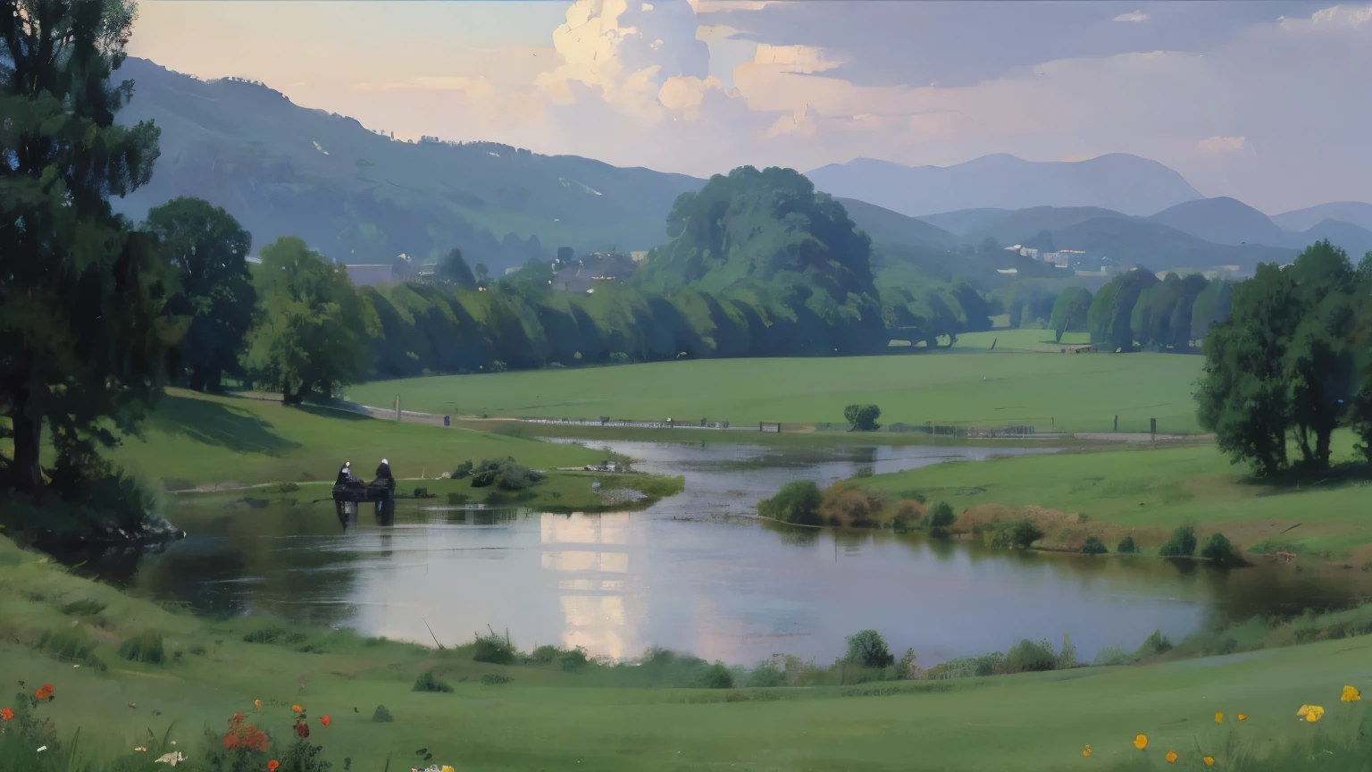 (highest quality、High resolution、masterpiece)、(Anime Art 4k)、(Photorealistic)、((Beautiful landscape photography))、((There is no one))、Cinema Lighting、Ray Tracing、Soft Light、Windermere landscape painted on a foggy morning、Create a magical scene in a misty meadow on a calm morning、Draw delicate and blurry brushwork、place々flowers bloom、(Sargent-style watercolor)、(Edmund Leighton Style)、