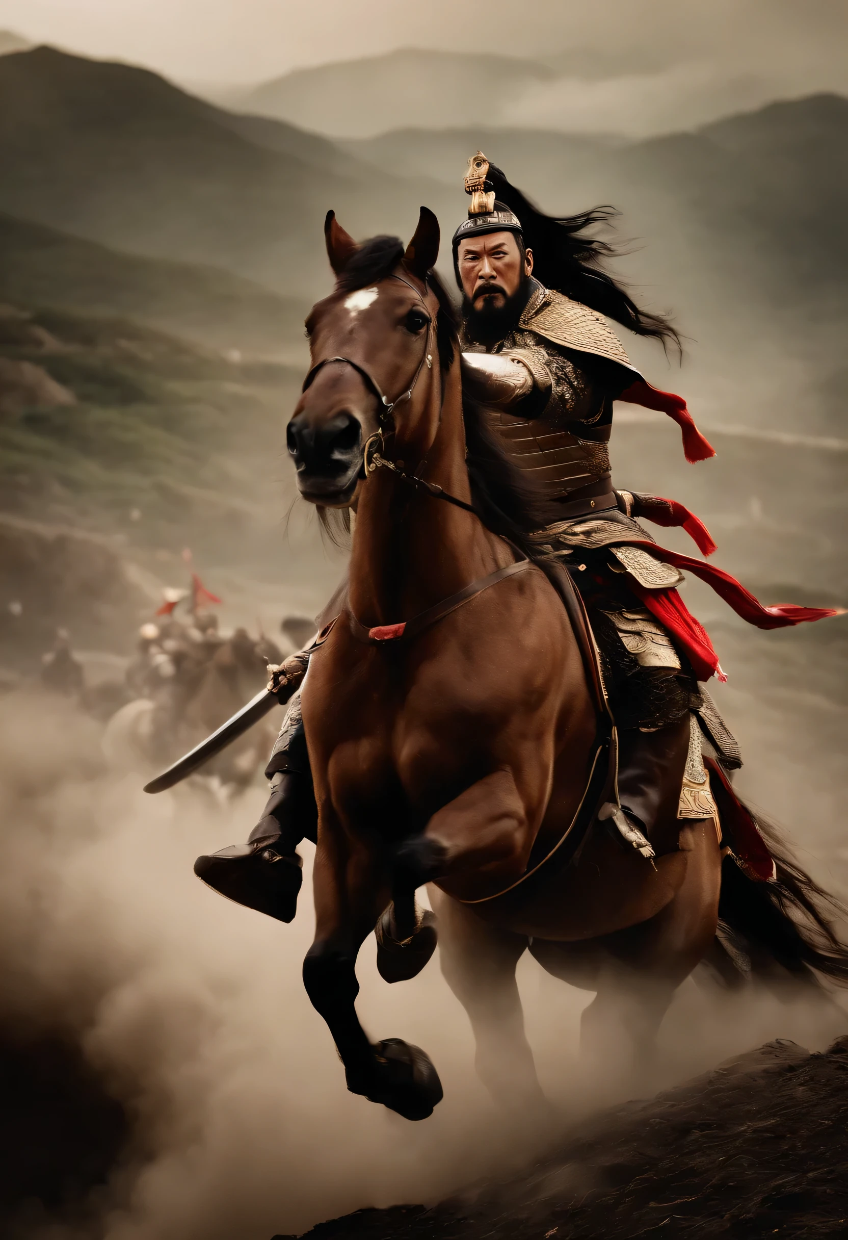 On the war zone,Beacons abounded,Galloping War Horse,Swords and shadows are intertwined,A tall and mighty general holding a broadsword and riding a red horse,The cavalry marched across the battlefield,He is Guan Yu。Wearing a tiger skin,firm eyes,Like a god of war descending upon the earth。The soldiers on the battlefield made way for him.,Awe and admiration are beyond words。This scene shows Guan Yu's heroism and fighting spirit,This laid a great foundation for his later legendary story.。