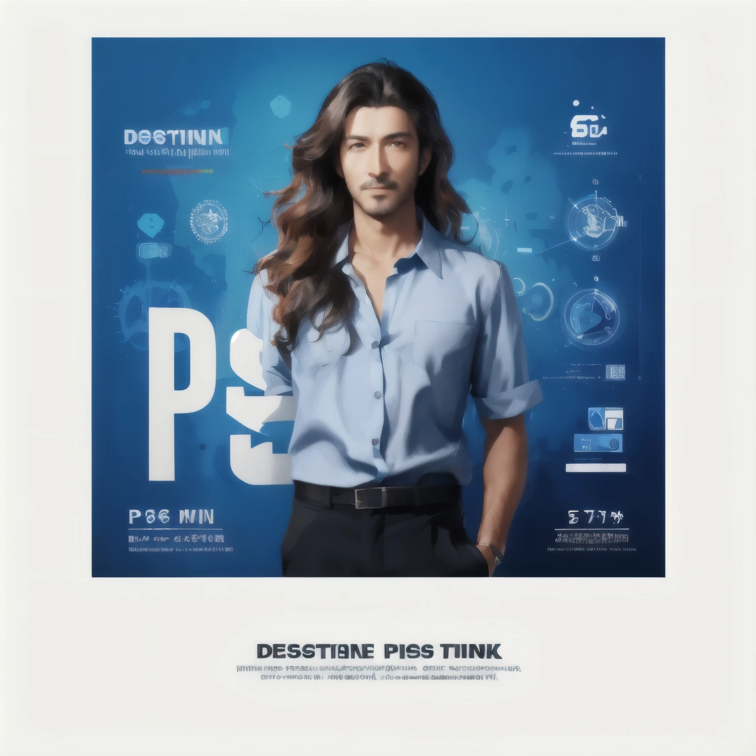 A man wearing a blue shirt and black pants poses for a photo, Diesel Pank Art, correct, polystyrene, Professional Photoshop Artwork, Official printing, deviantart art station cgscosiety, Dashataran, Professional photos, poster, Professional artwork, Official product images, Corporate style, Professional Portrait HD, for polystyrene5, promotional poster, digital illustration poster