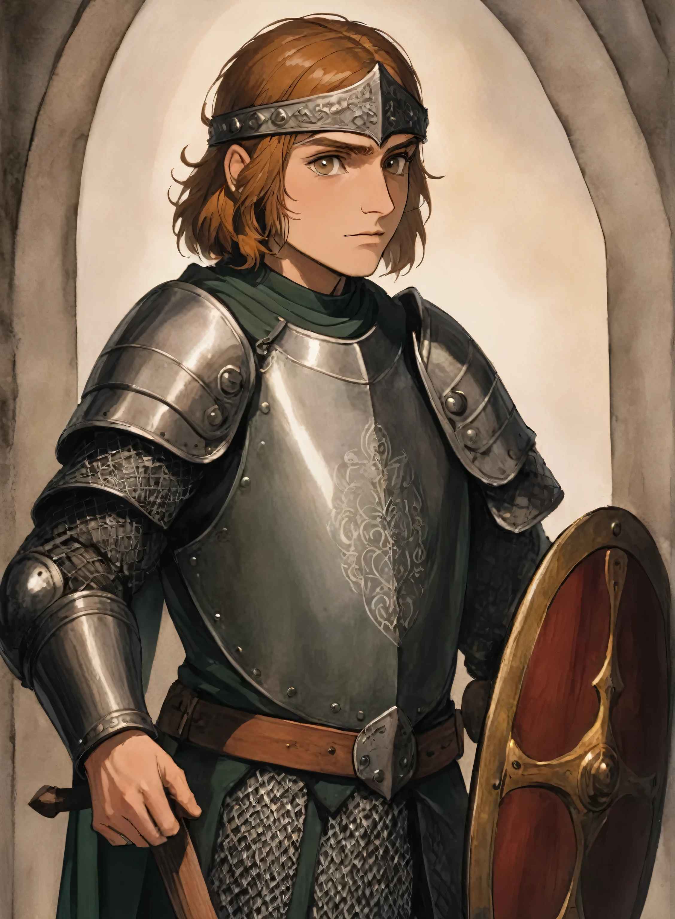 The painting shows a man wearing chain mail.、Man holding a shield, Inspired by Þórarinn B. Orlaksson, inspired author：Asgrimour Jonson, author：Asgrimour Jonson, portrait of knight, Inspired by János Saxon, Knight's